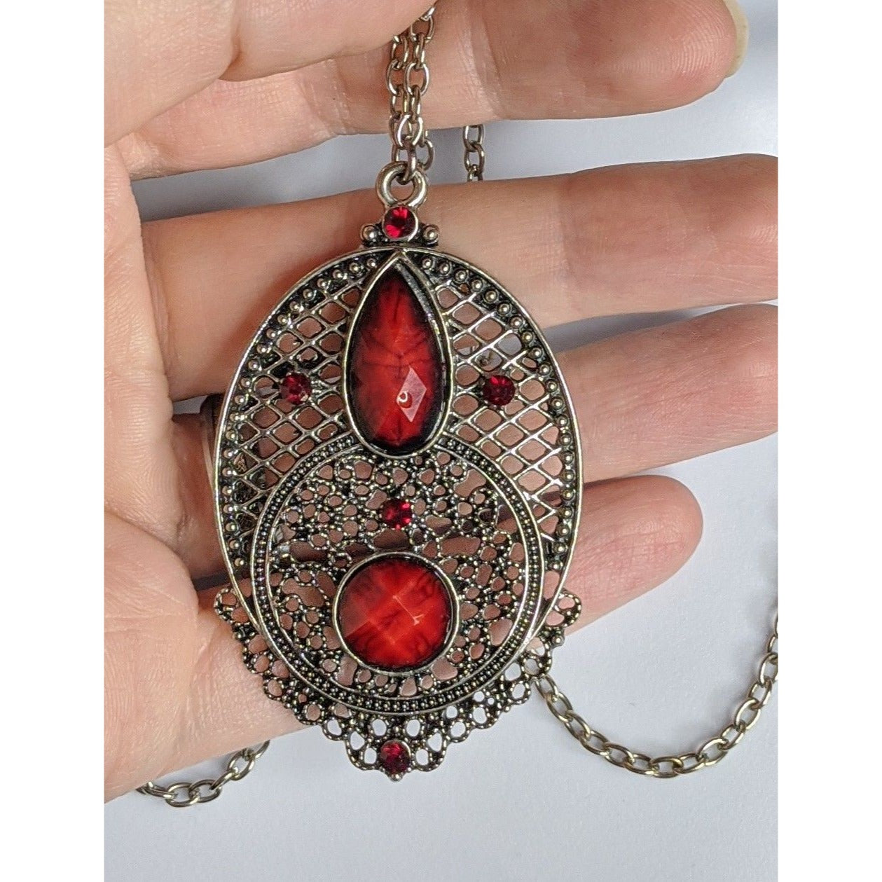 Gothic Oval Pendant Necklace With Red Faux Gemstones & Filigree Design