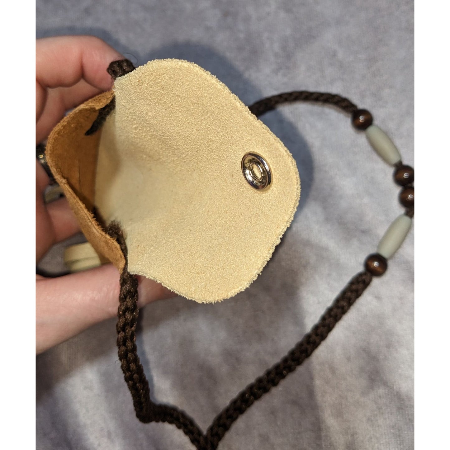 Arizona Kokopelli Leather Fringe Pouch Necklace With Beaded Cord & Snap Closure