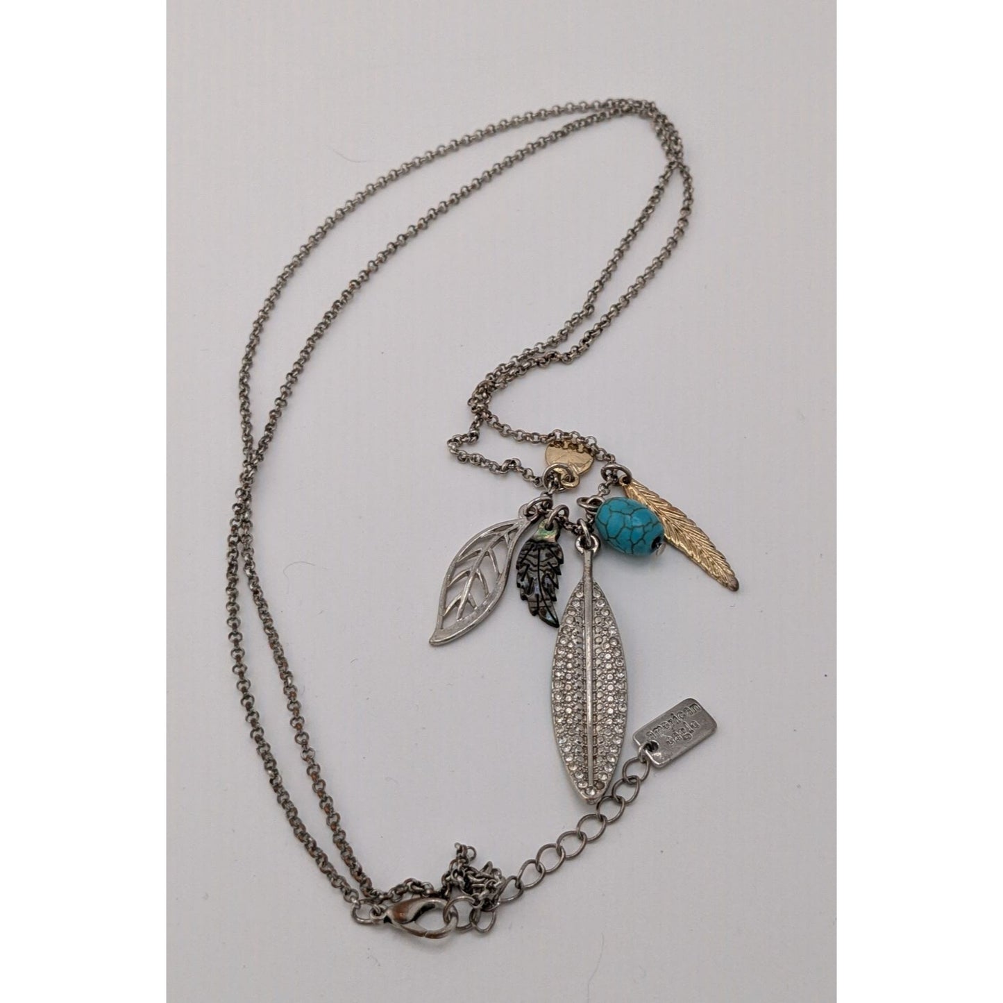 American Eagle Y2K Multi-Leaf And Feather Pendant Necklace With Faux Turquoise & Crystal Accents