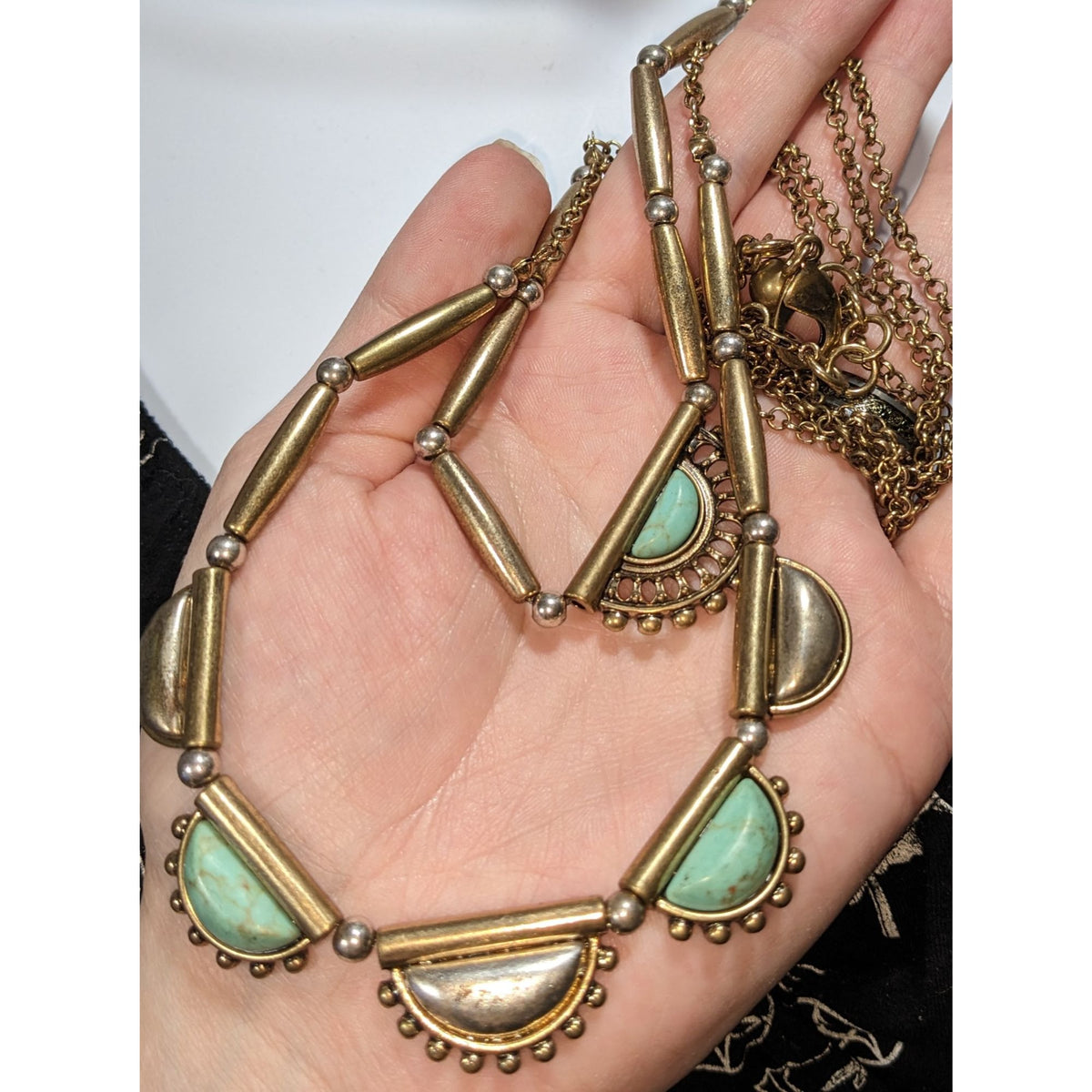 Southwestern Boho Turquoise Style Half Moon Bronze Tone Statement Necklace