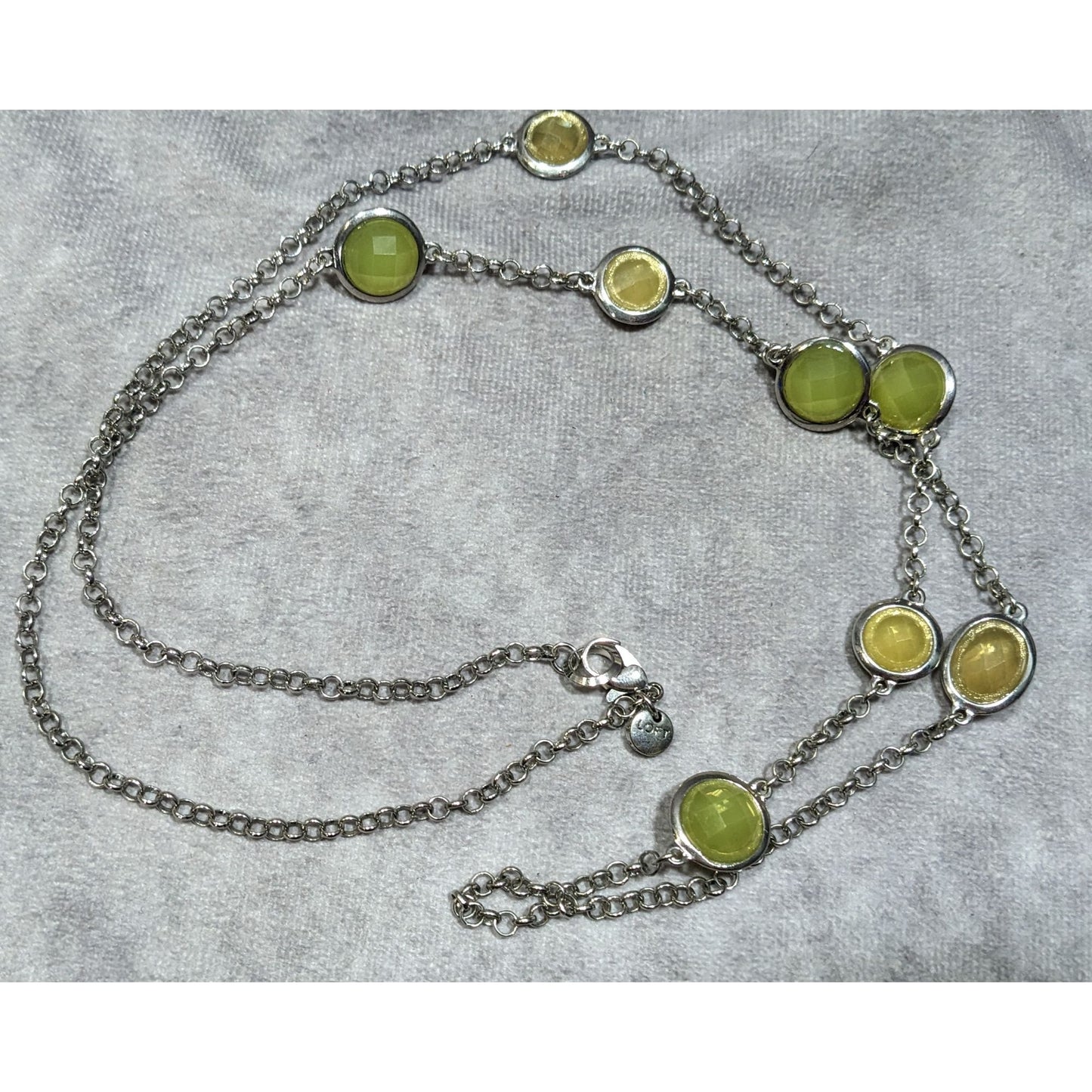 Loft Green And Yellow Gemmed Station Necklace On Silver Tone Rolo Chain