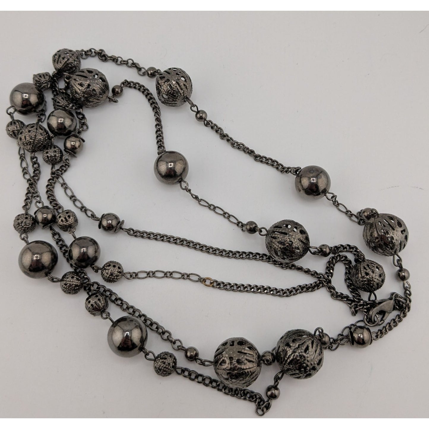 Y2k Going Out Gunmetal-Tone Long Station Necklace With Hollow Beads