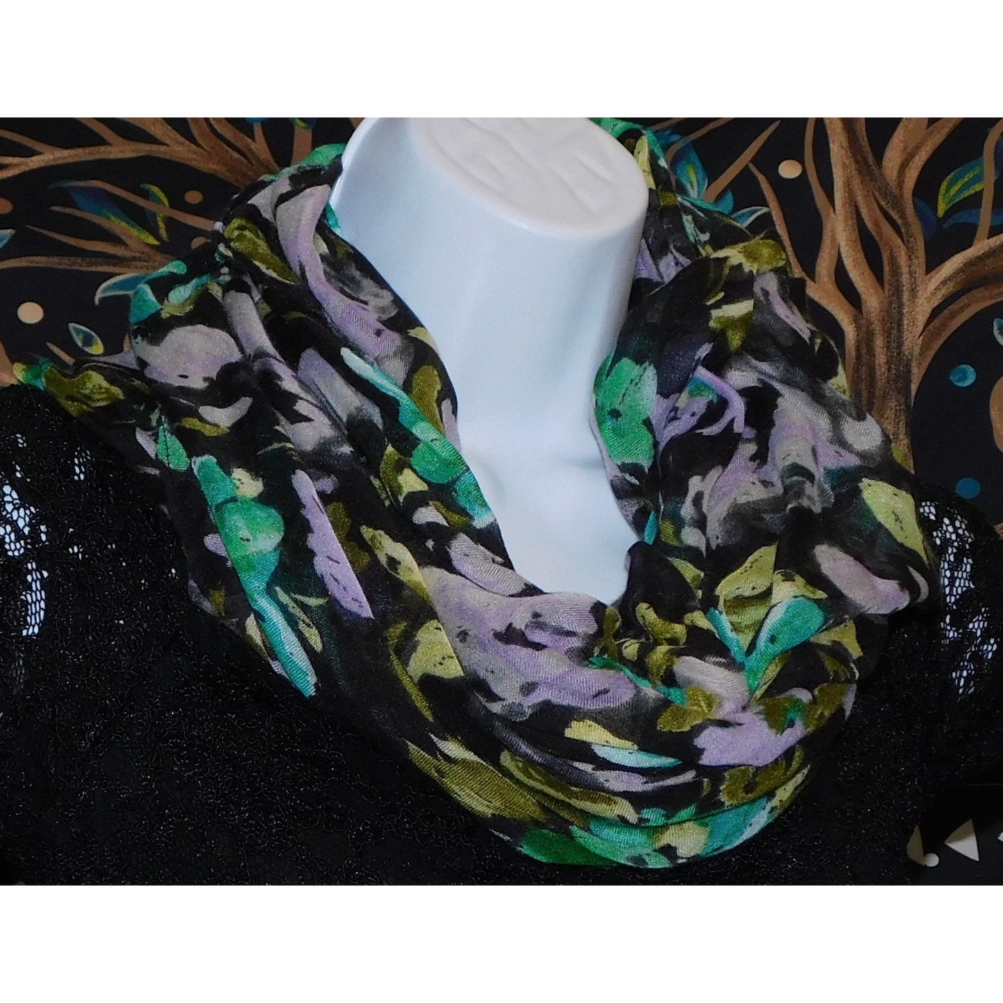 Cottgaecore Floral Infinity Scarf Lightweight Black With Green & Purple Design
