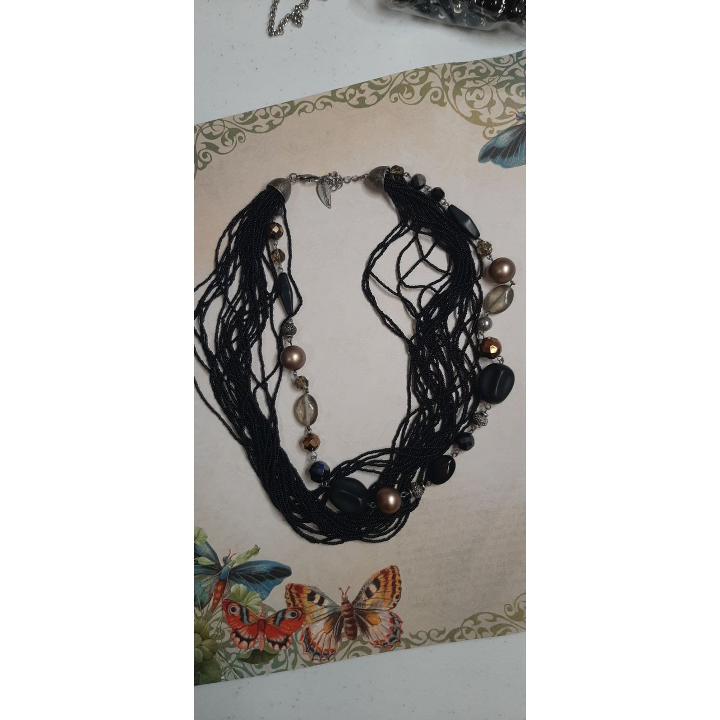 Vintage Coldwater Creek Multi-Strand Black Beaded Necklace With Bronze And Gold Tone Accents