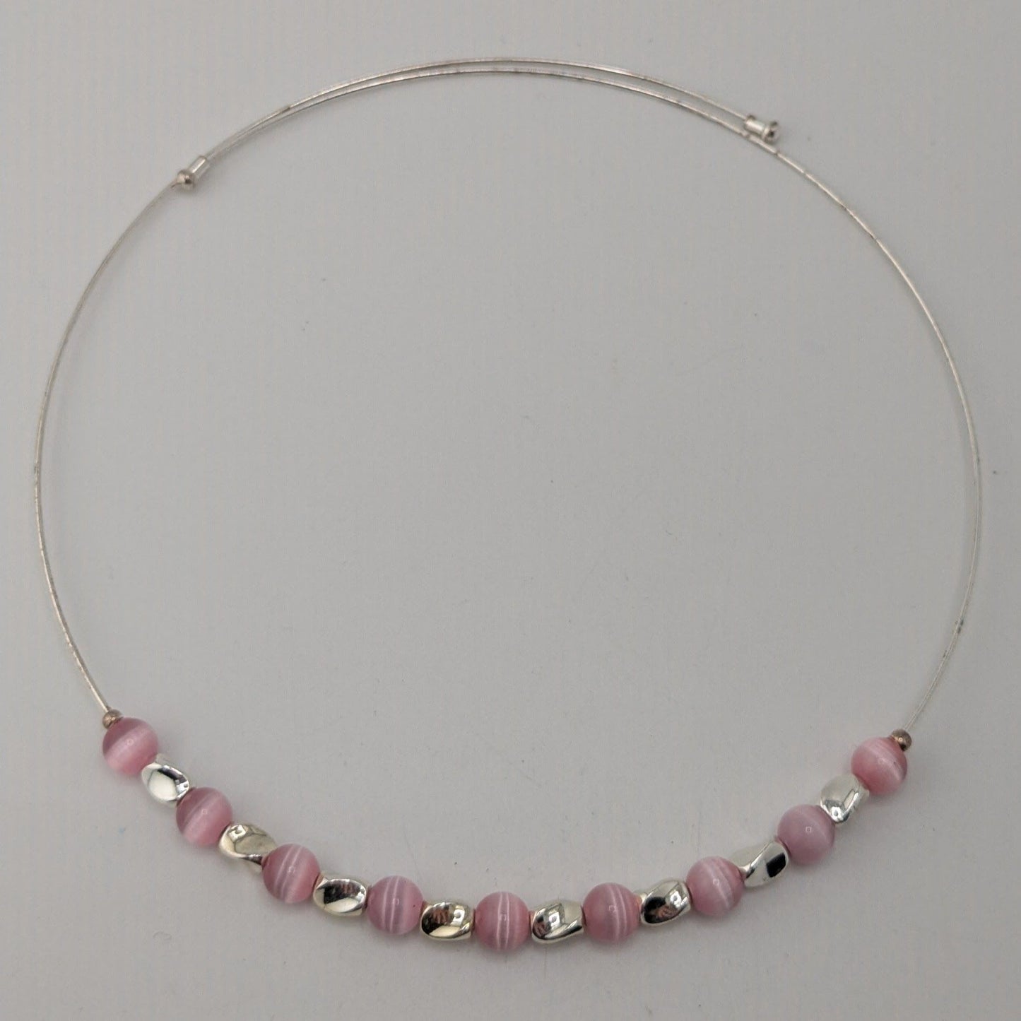Y2K Pink Cat Eye Beaded Collar Necklace Silver Tone Minimalist Choker