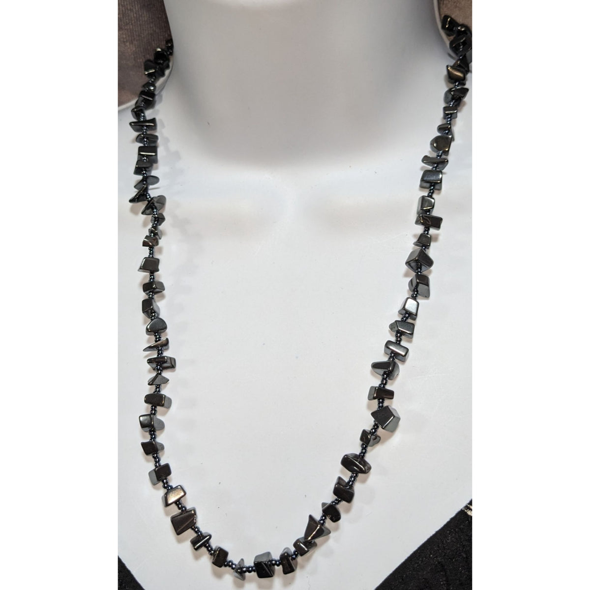 Gothic Hematite Chip Beaded Necklace Gunmetal Gray Stone Boho 22 Inch