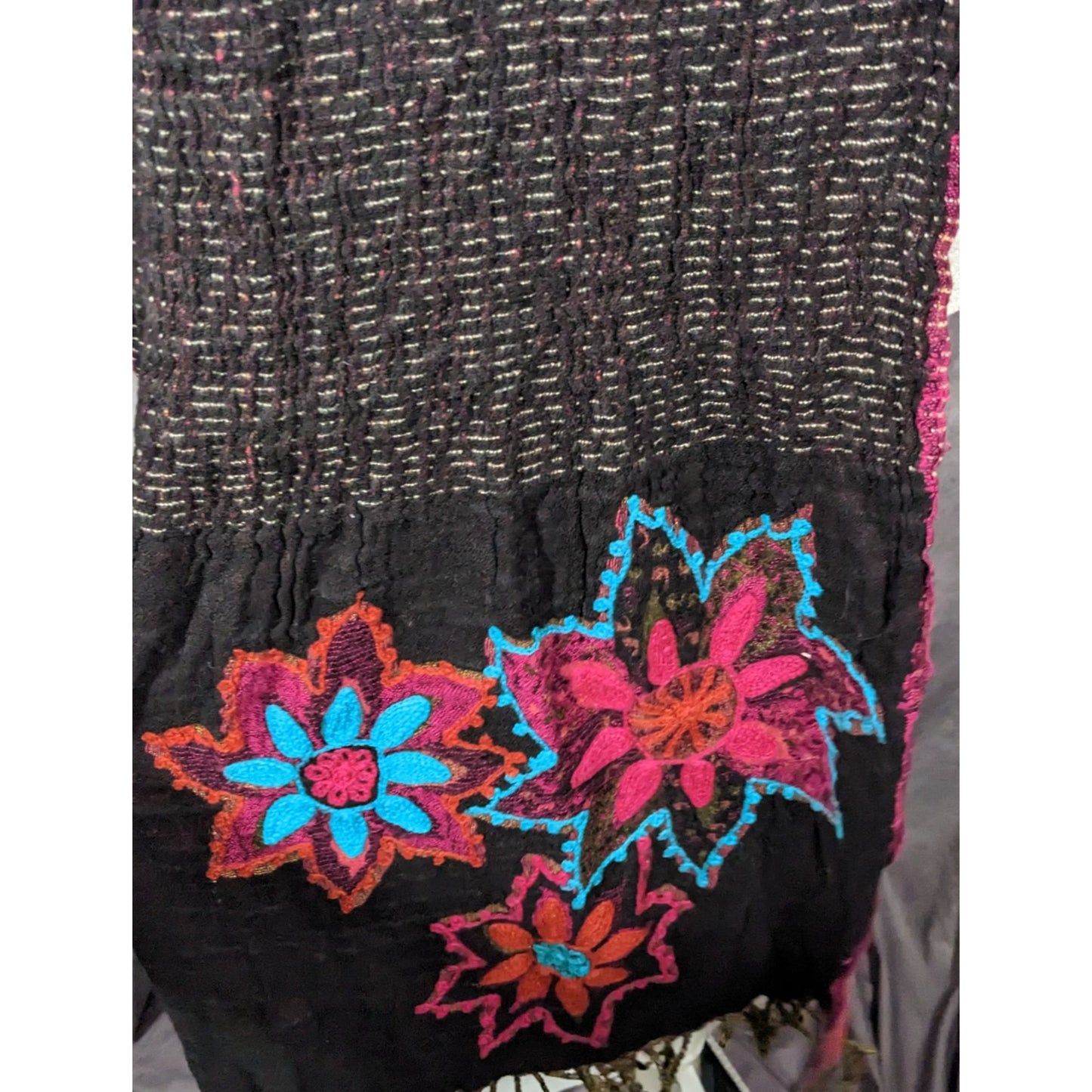 Vintage Bohemian Grey And Pink Floral Embroidered Scarf