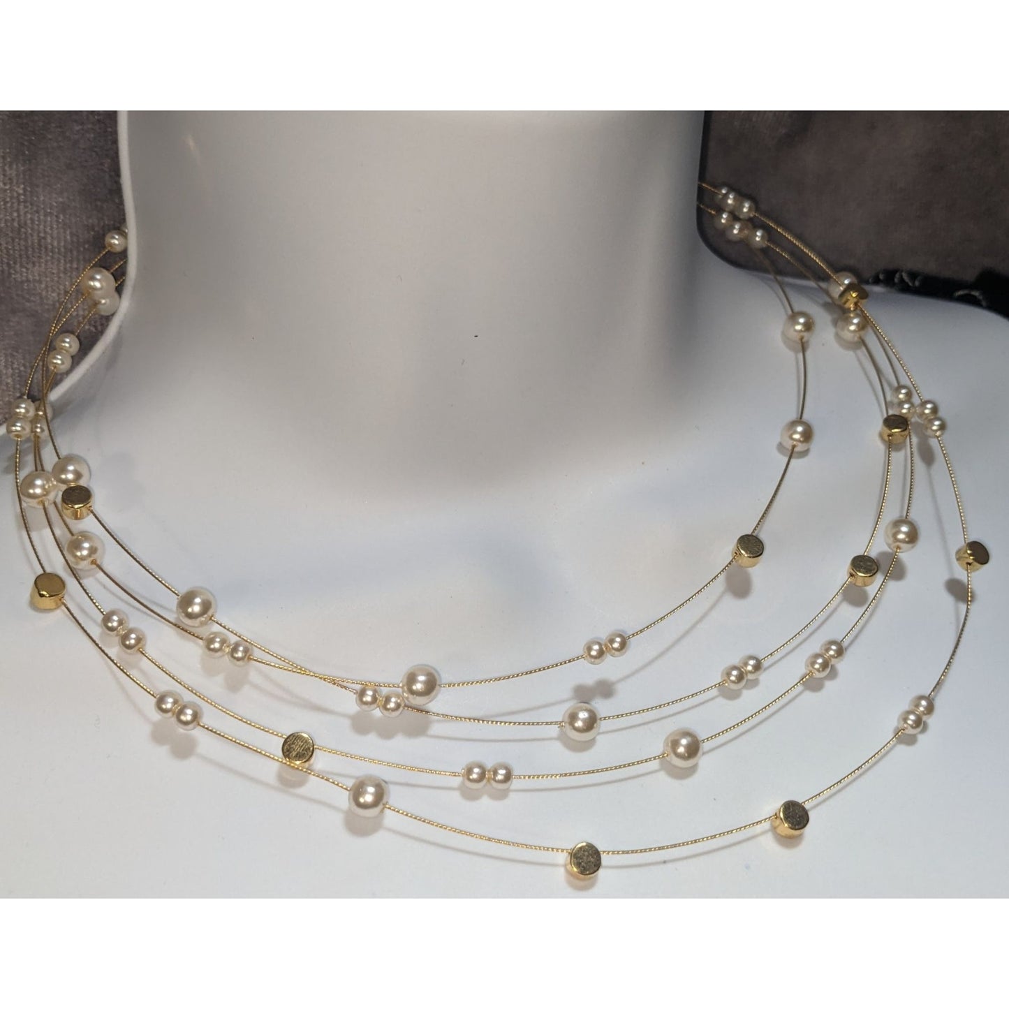 Vintage Nolan Miller Faux Pearl Layered Necklace Gold Tone Elegant Statement