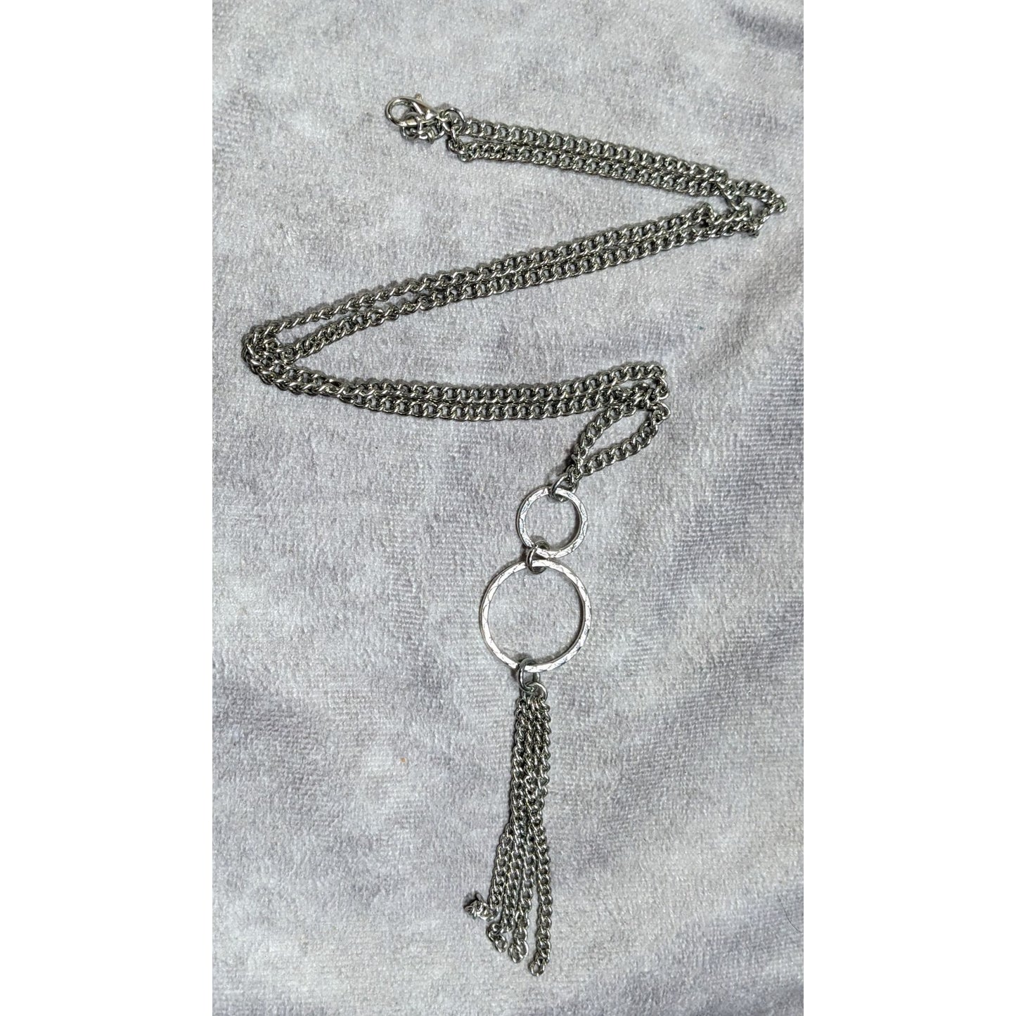 Geometric Multi Ring Silver Tone Tassel Pendant Necklace