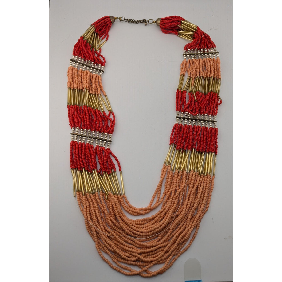 Boho Tribal Multistrand Seed Bead Necklace Red Terracotta Gold Tone Statement