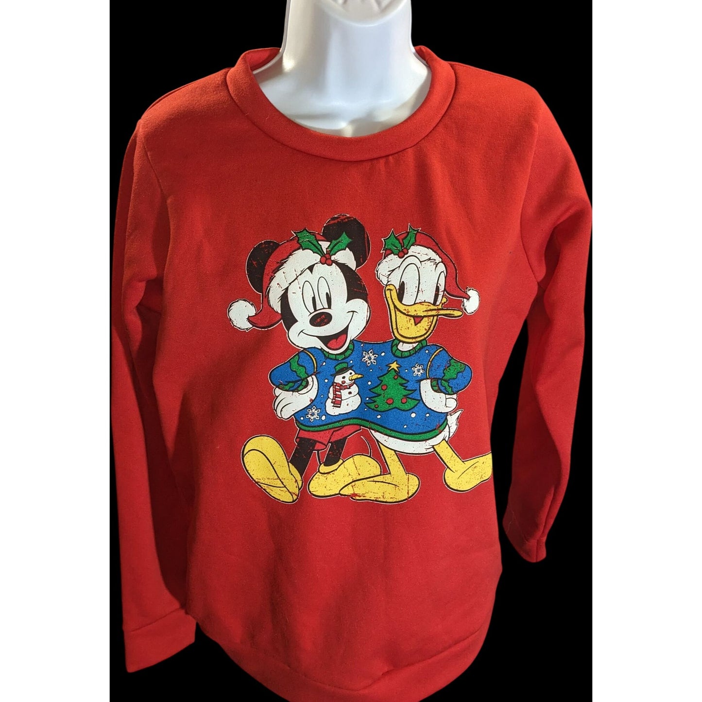 Disney Mickey Donald Holiday Sweatshirt Red Christmas Distressed Graphic Pullover