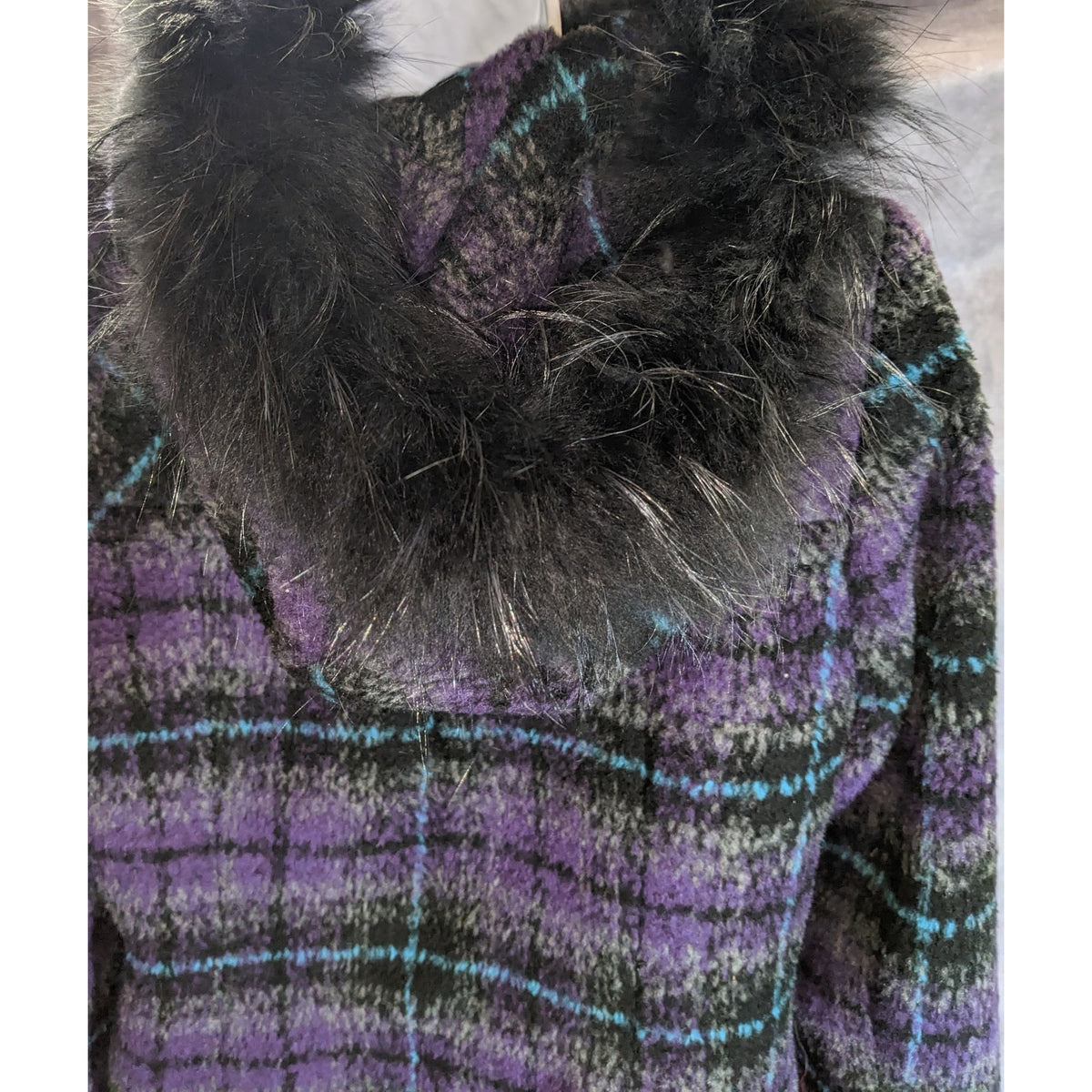 BearTwo Purple Plaid Faux Fur Hooded Coat Womens EU 38 Medium Gothic Grunge