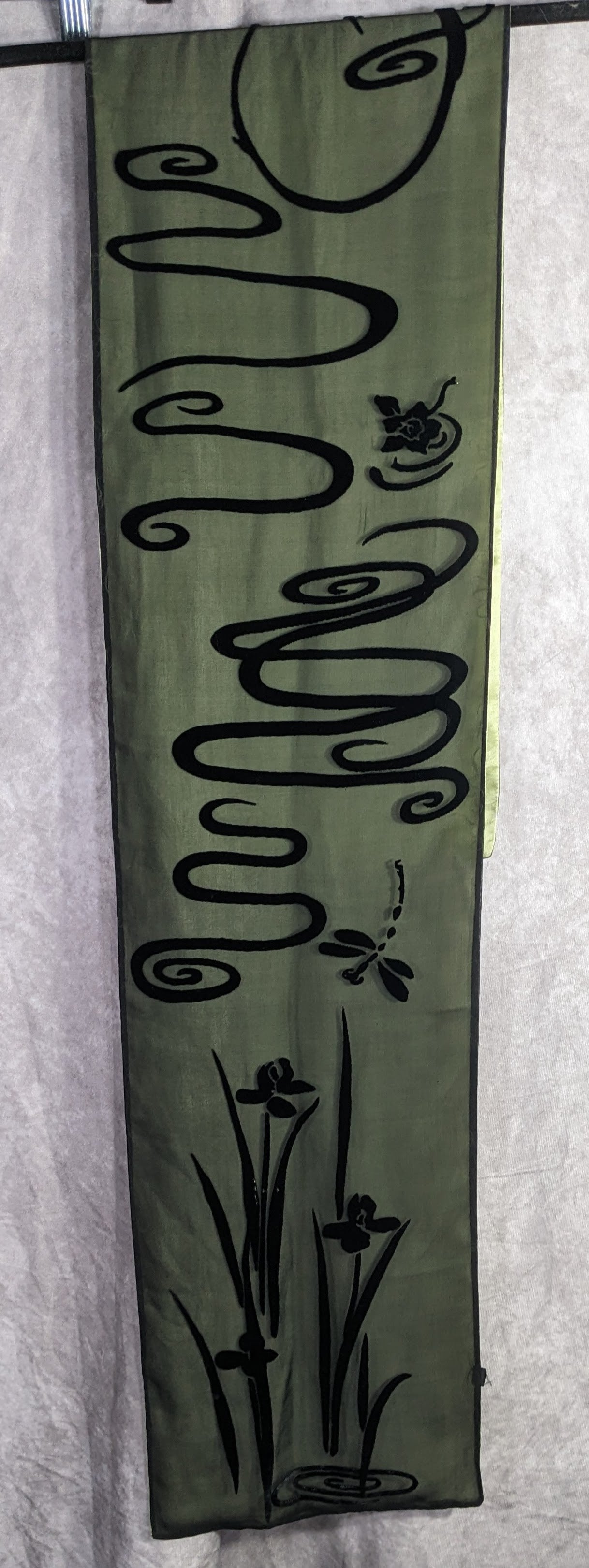 Vintage 90s Gothic Burnt Velvet Floral Scarf Green & Black Dragonfly & Iris Design