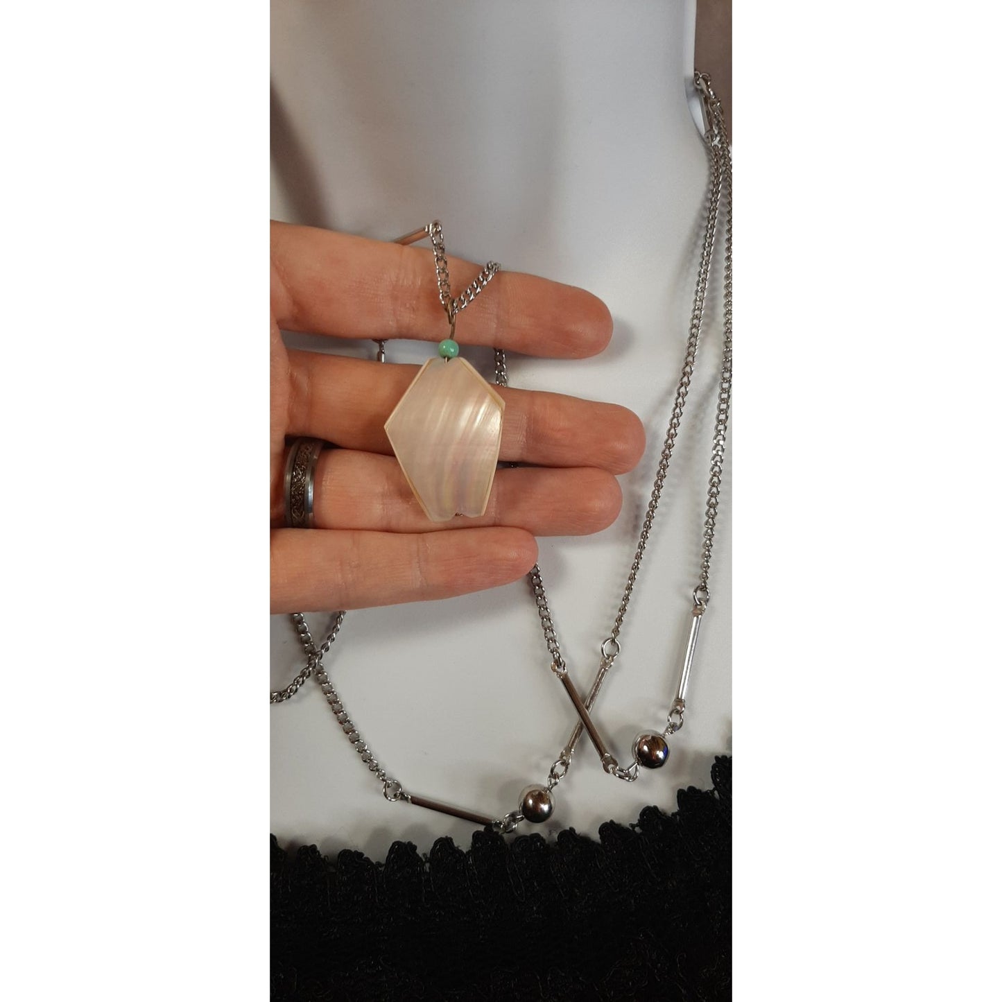 Vintage Mother Of Pearl Box Pendant Necklace With Layered Chain