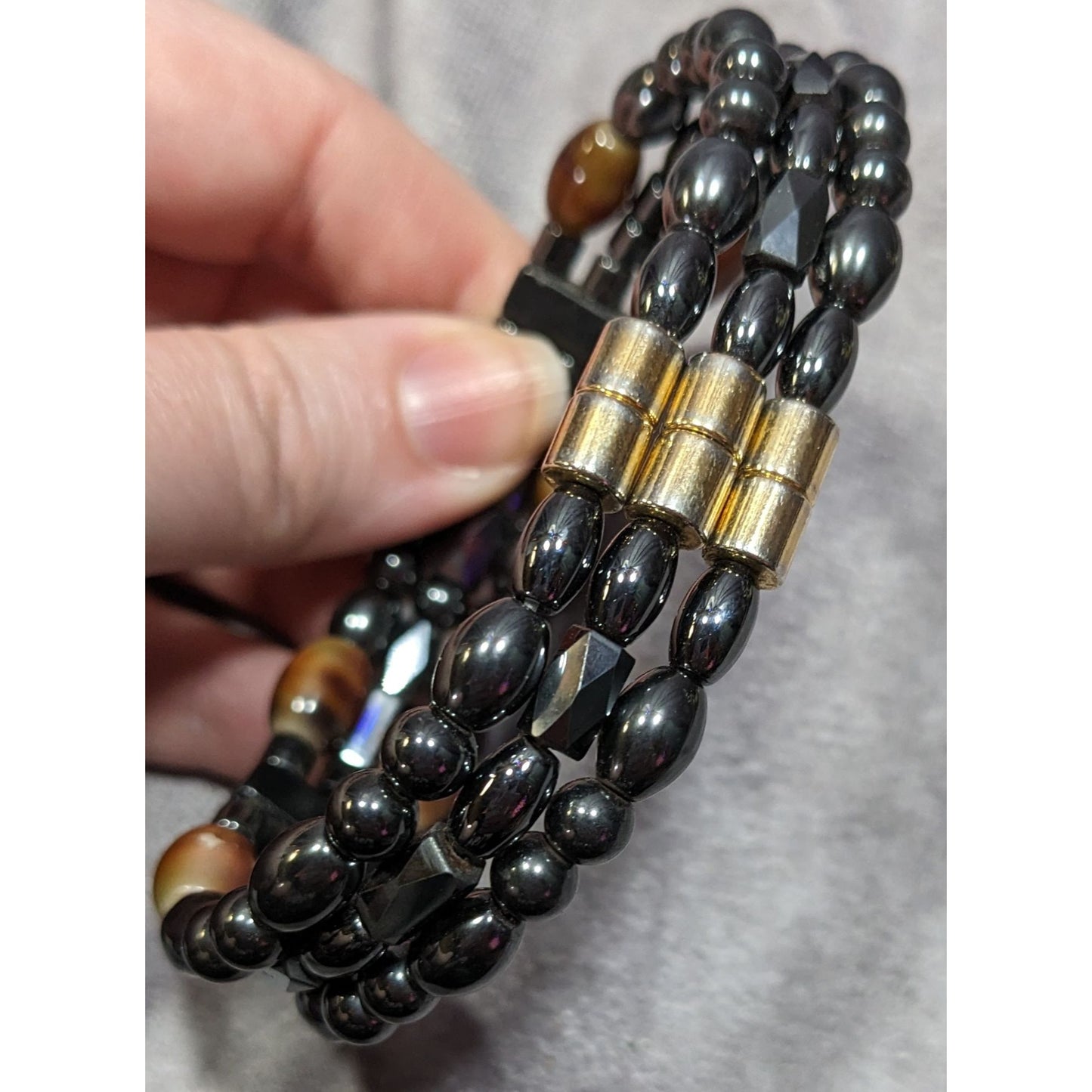 Men's Hematite And Brown Glass Layered Beaded Magnetic Bracelet