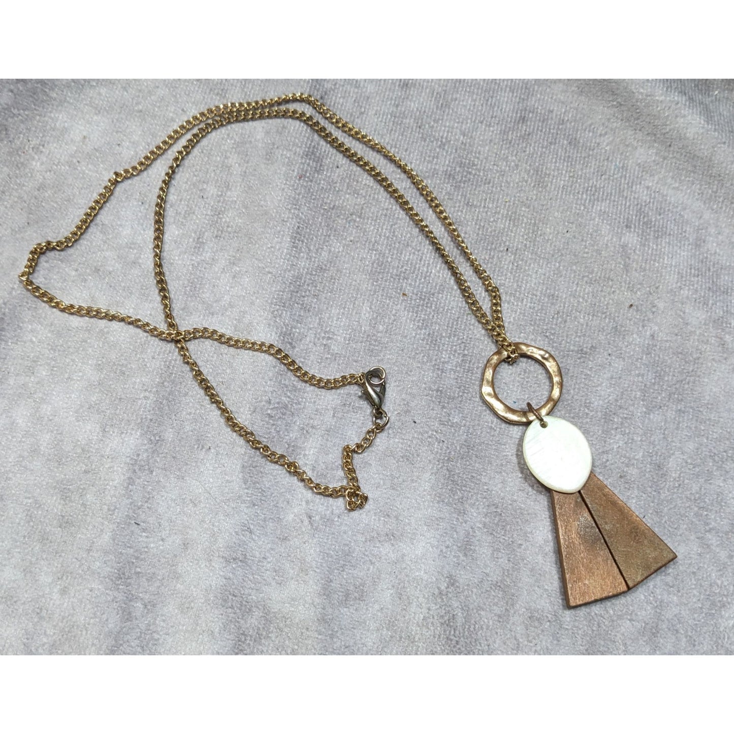 Geometric Abstract Wood And Shell Pendant Necklace