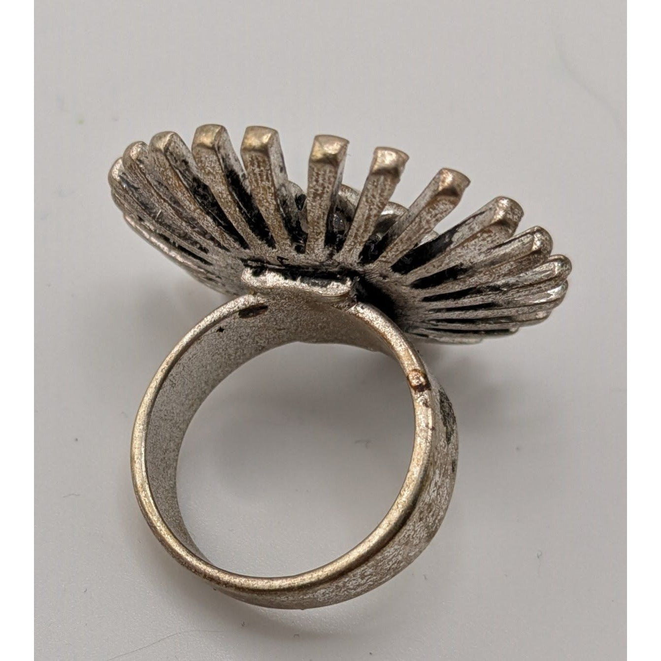 Vintage Adjustable Silver Tone Sunburst Ring With Rhinestone Accent