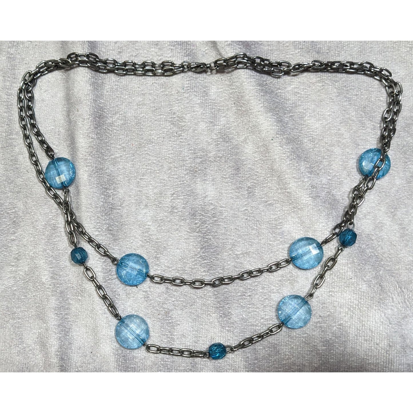 Double Strand Gunmetal Chain Necklace With Blue Crackle Acrylic Beads