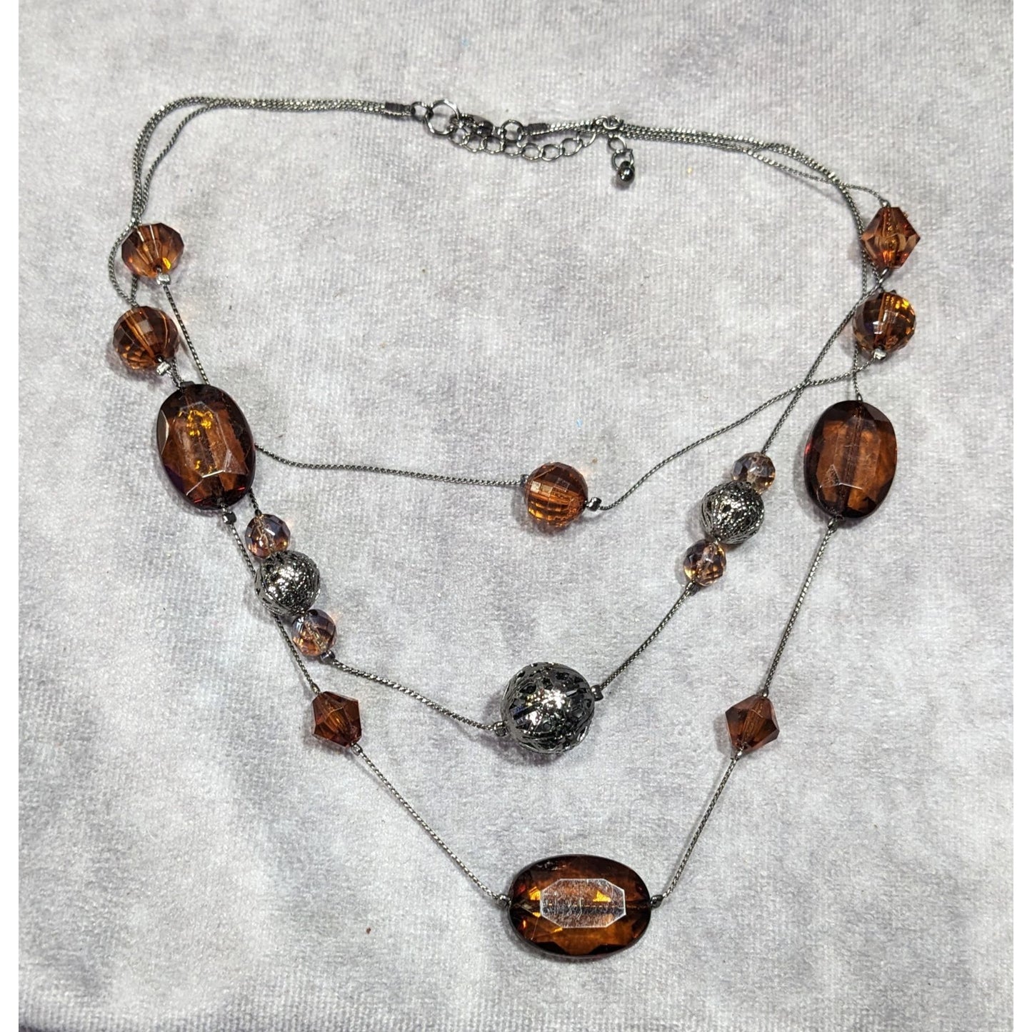 Rustic Brown Gemmed Silver Tone Accent Layered Station Necklace