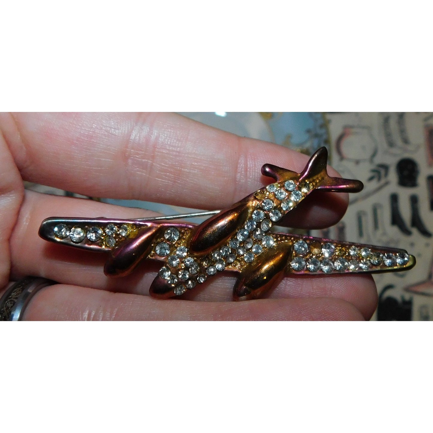 Vintage Anodized Airplane Brooch With Rhinestone Accents