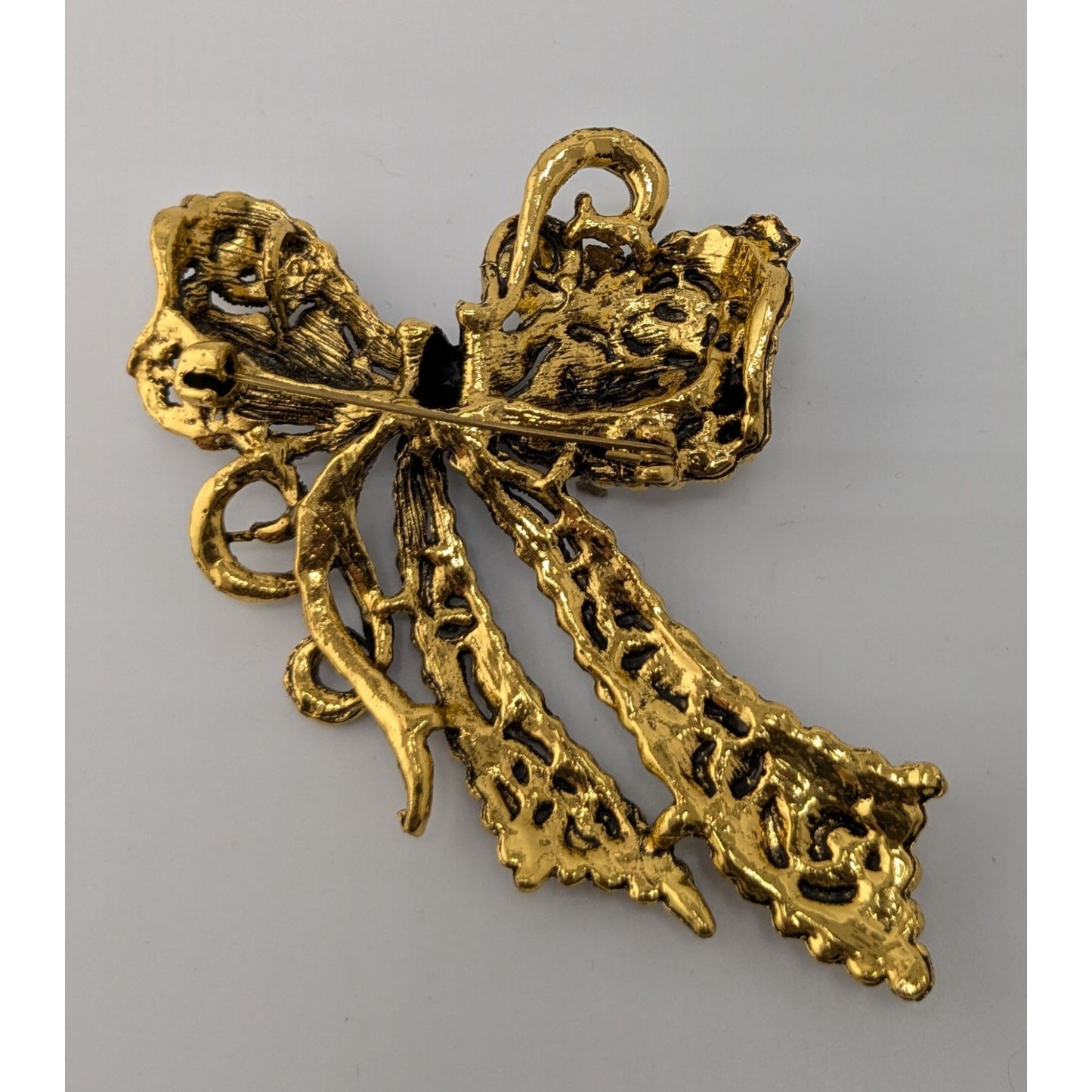 Coquette Fantasy Rainbow Rhinestone Bow Brooch With Gold Tone Metal