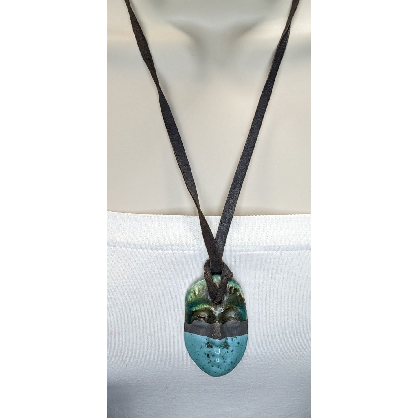 Boho Handmade Ceramic Face Pendant Necklace Turquoise Brown Suede Cord Artisan Statement Jewelry