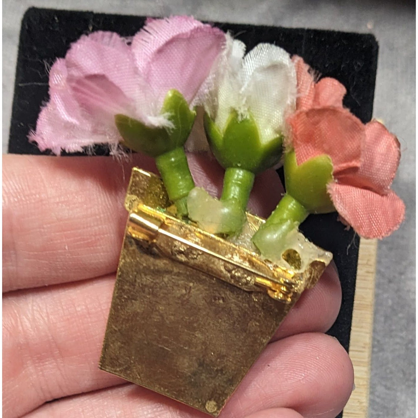 Vintage 50s Flower Pot Brooch With Silk Flowers And Faux Pearl Accents