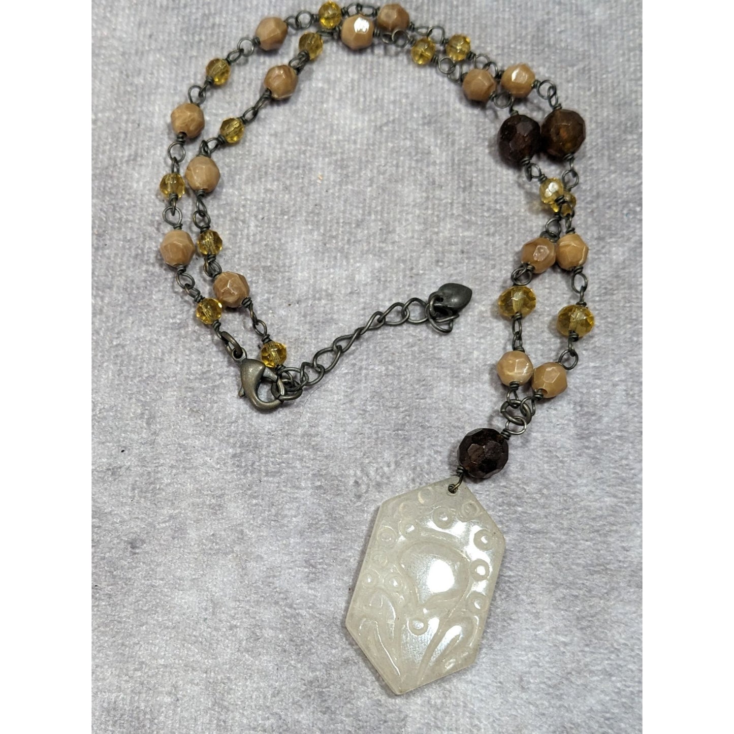 Vintage Carved Quartz Pendant Necklace With Beaded Chain