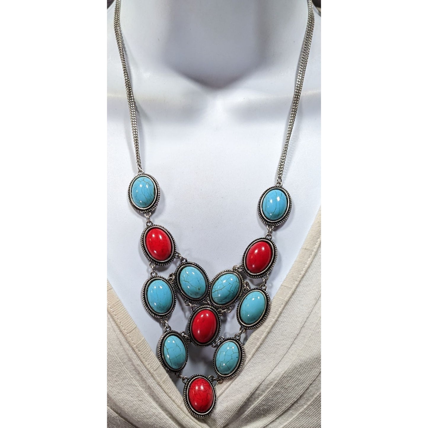 Southwestern Red And Faux Turquoise Cabochon Statement Necklace With Matching Earrings