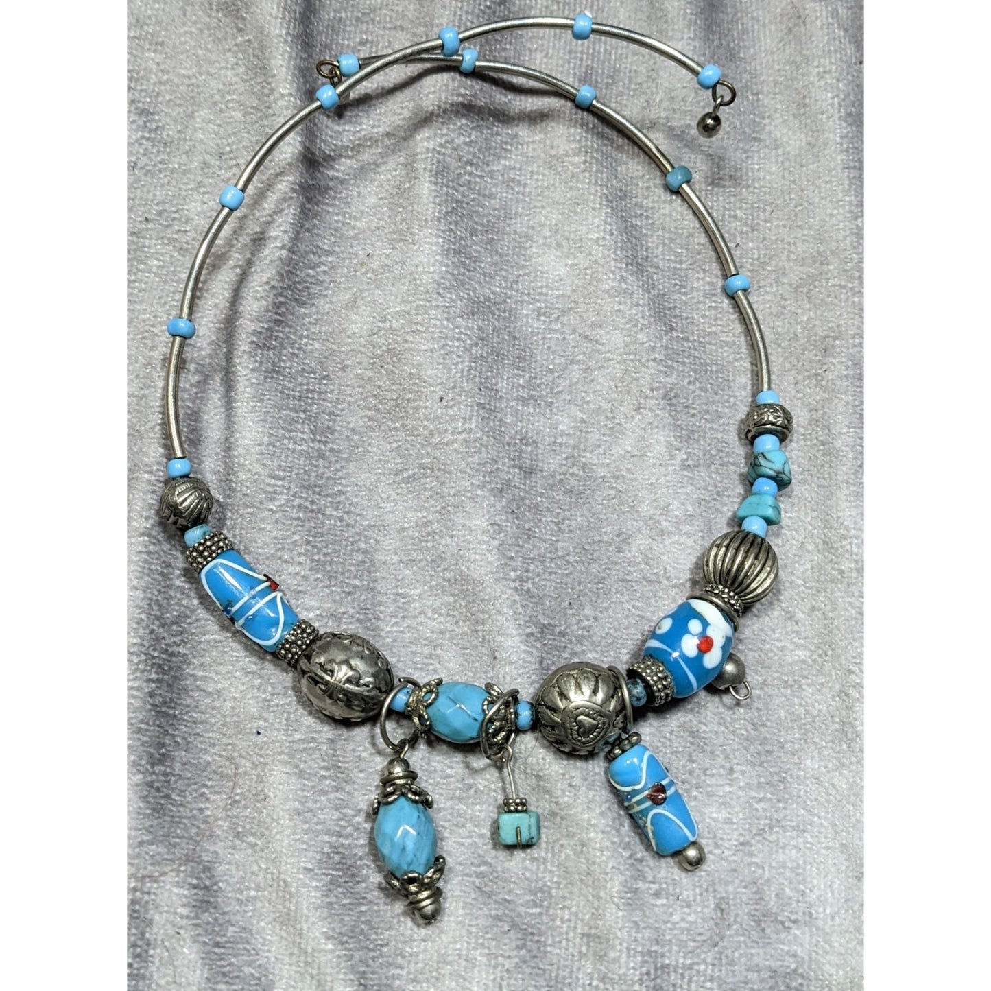 Handcrafted Beaded Necklace With Blue Glass Charms & Silver Tone Accents