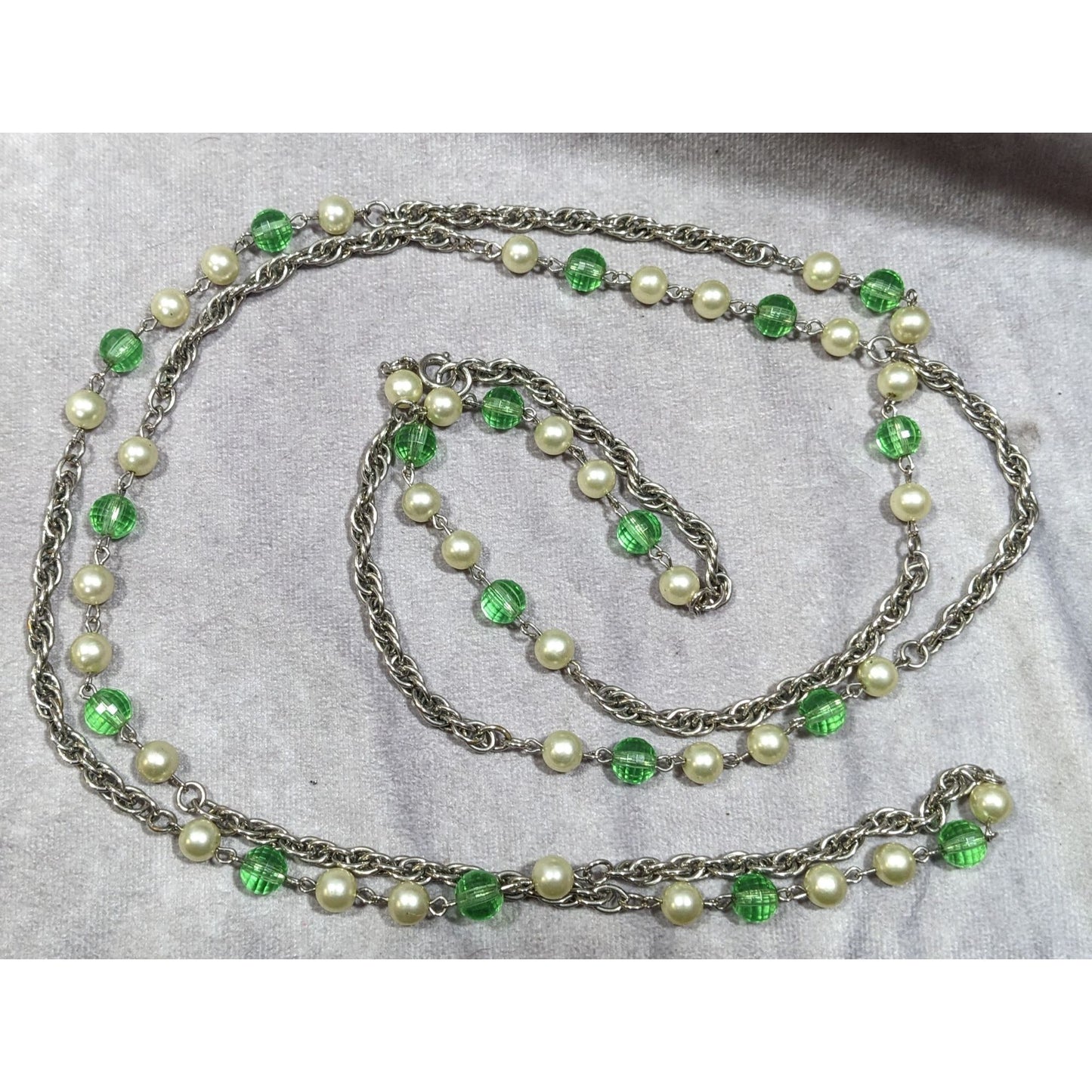 Whimsical Faux Pearl And Green Beaded Silver Tone Chain Station Necklace