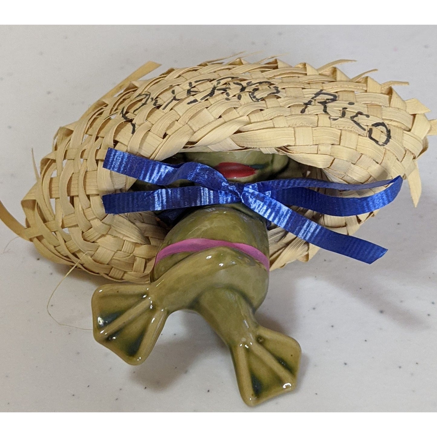 Vintage Ceramic Frog Figurine With Woven Hat Puerto Rico Souvenir