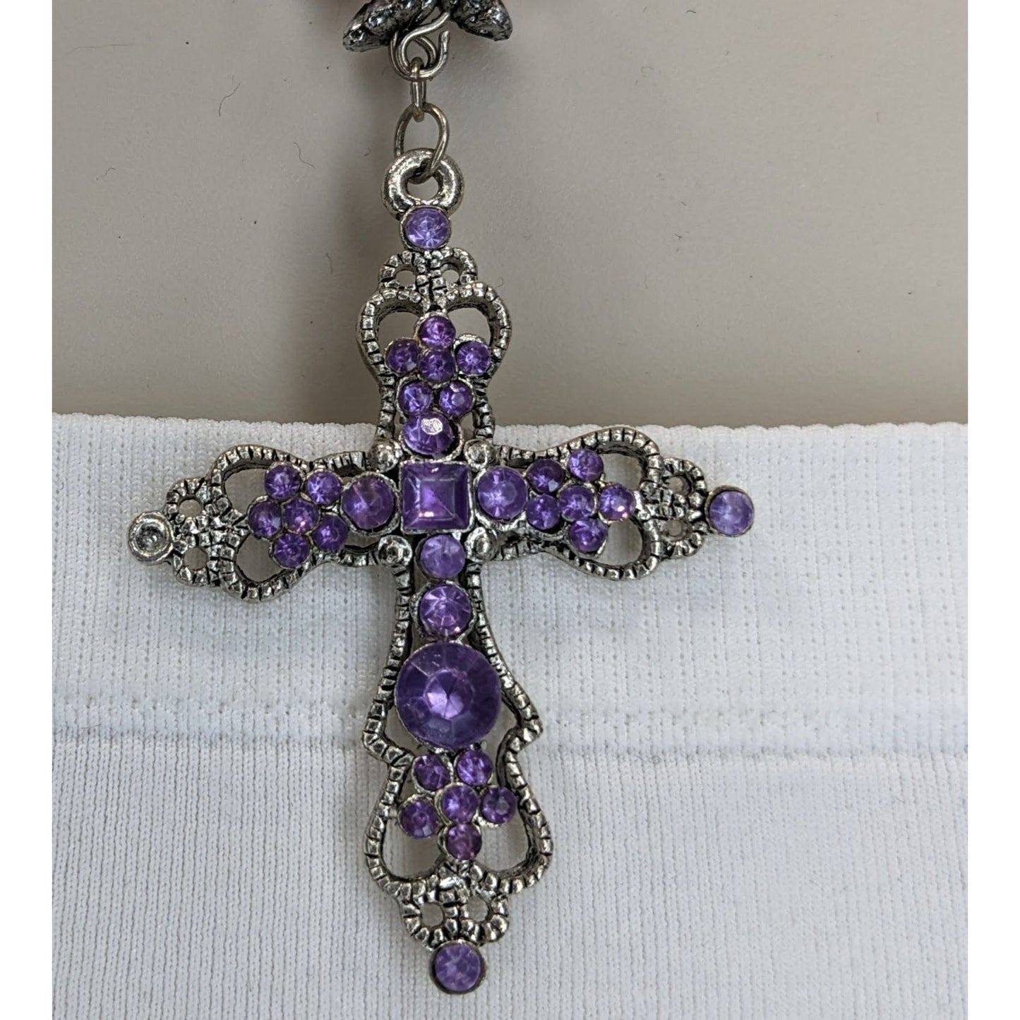 Pastel Goth Purple Rhinestone Cross Necklace With Beaded Chain