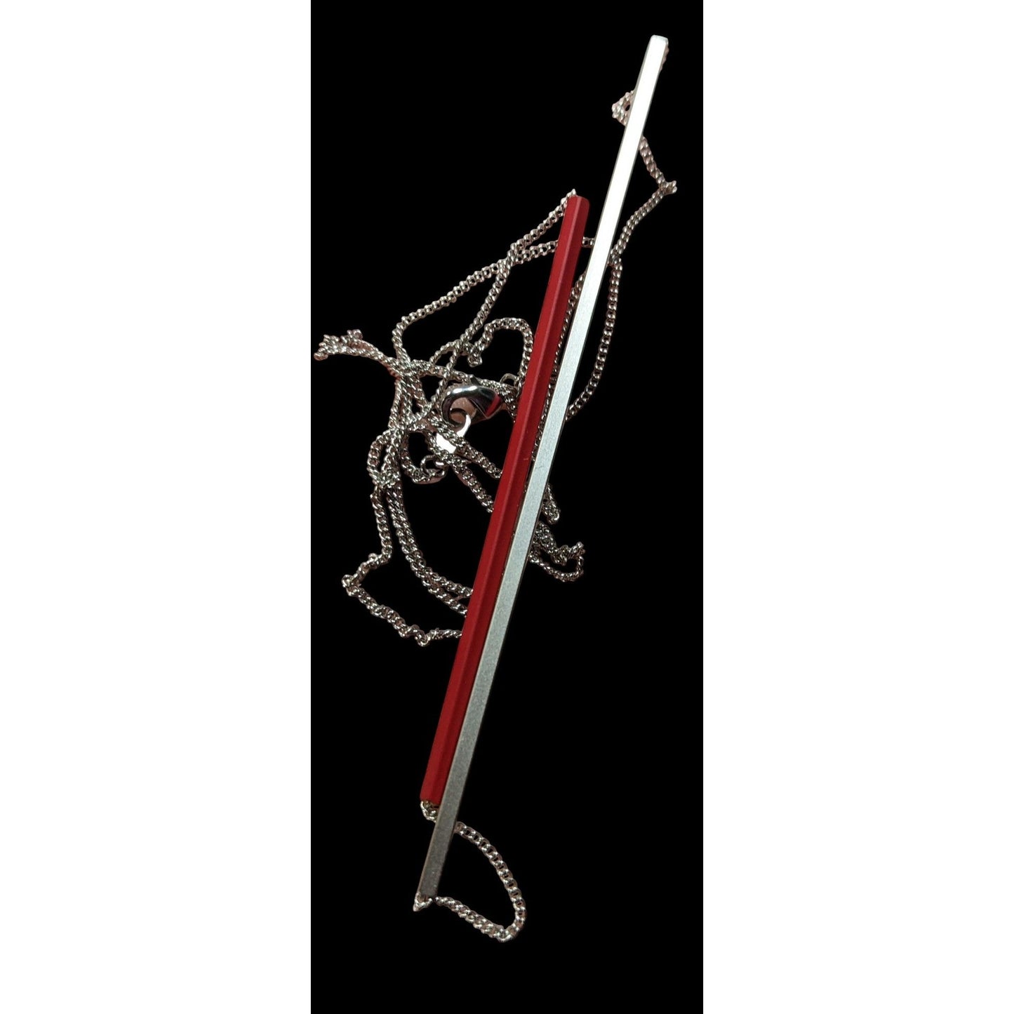 Modern Abstract Red And Silver Tone Asymmetrical Tube On Chain Necklace