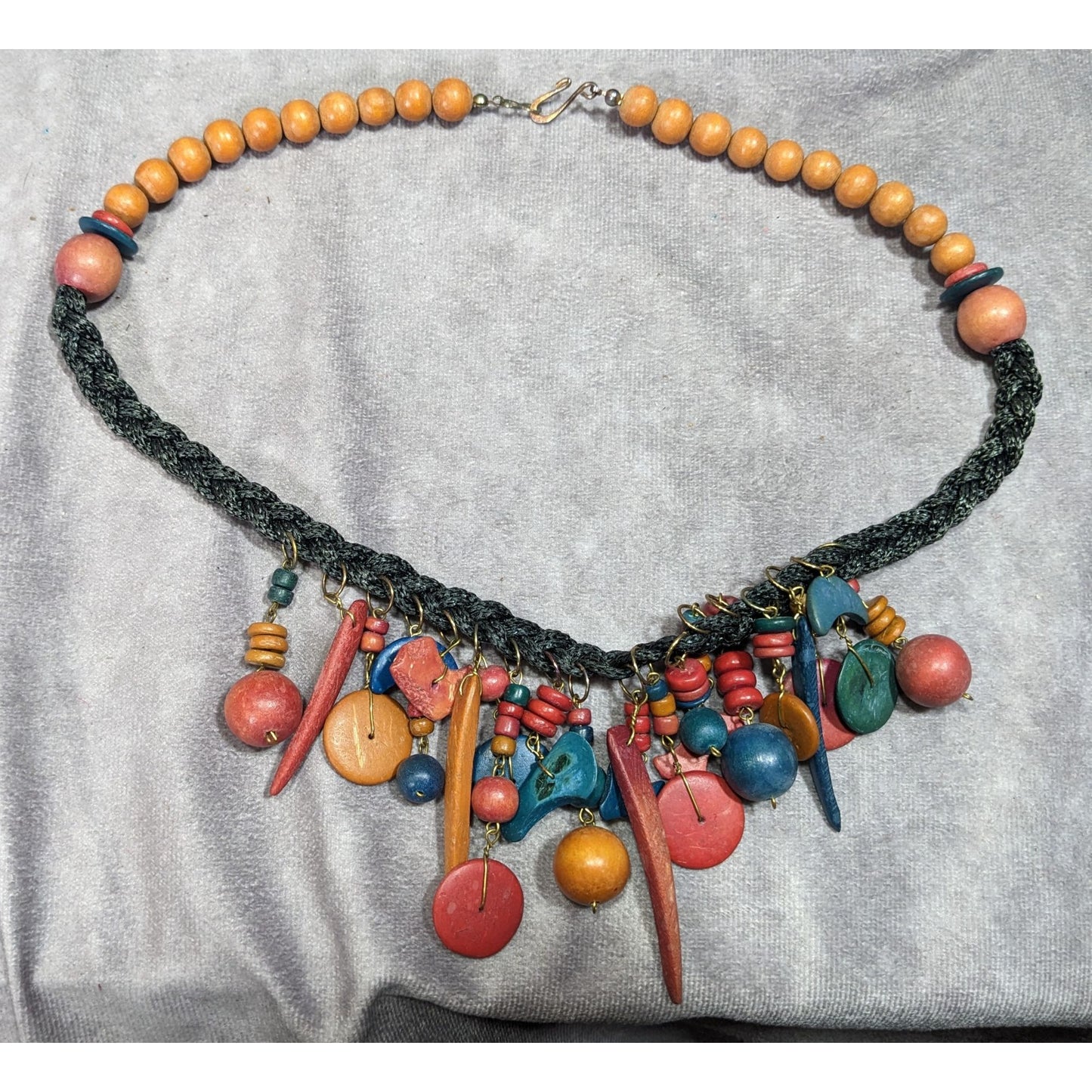 Vintage Rainbow Hand Carved Wood Fringe Necklace