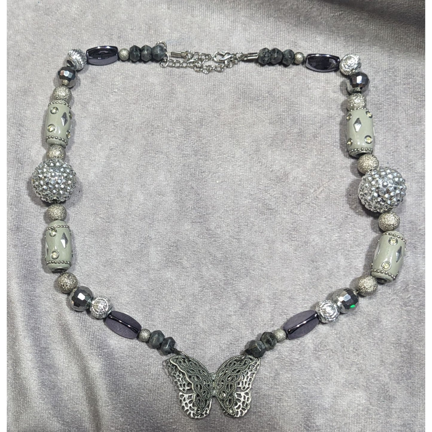 Handmade Fairycore Chunky Butterfly Silver Tone Beaded Necklace