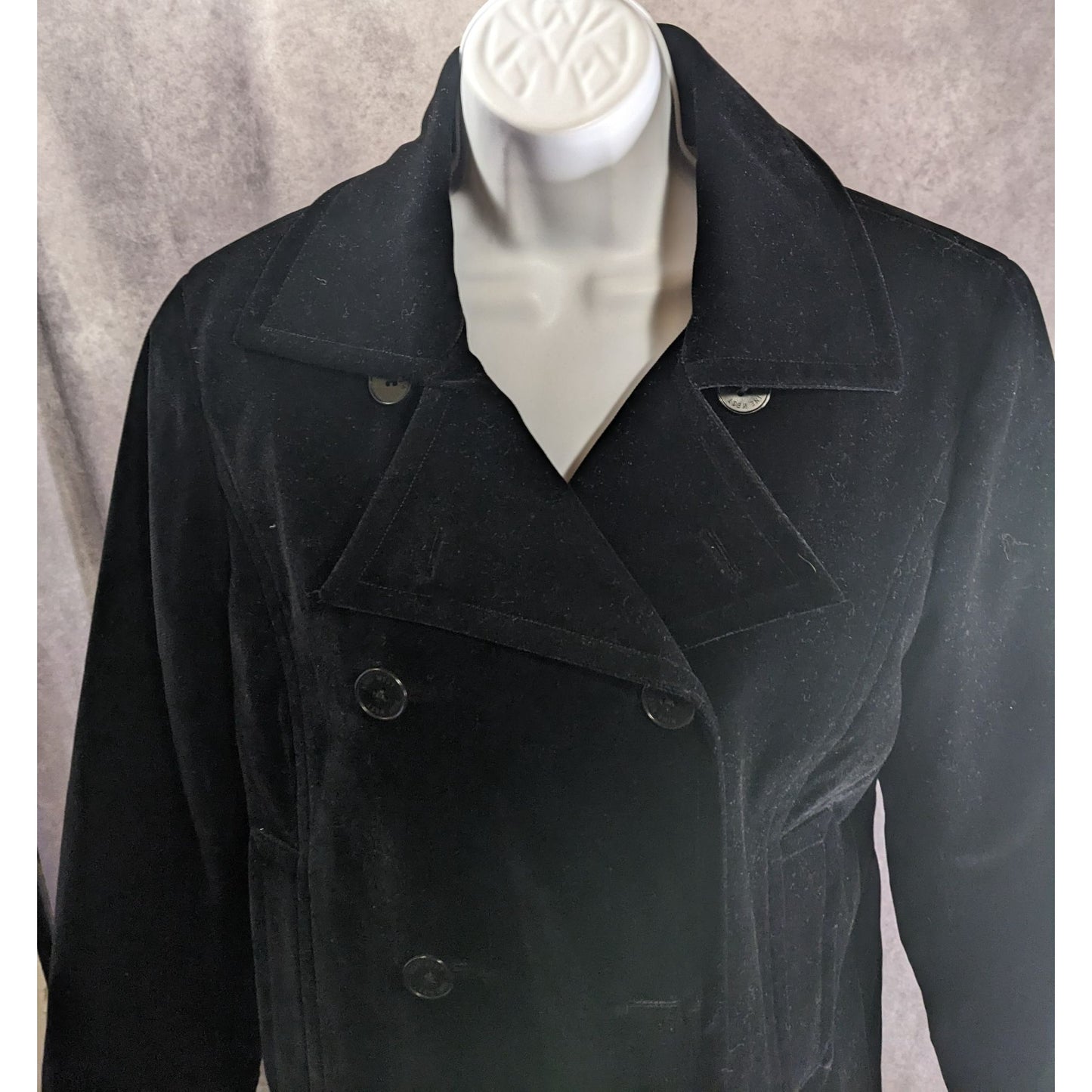 Nine West Black Velvet Double-Breasted Peacoat Medium Quilted Lining
