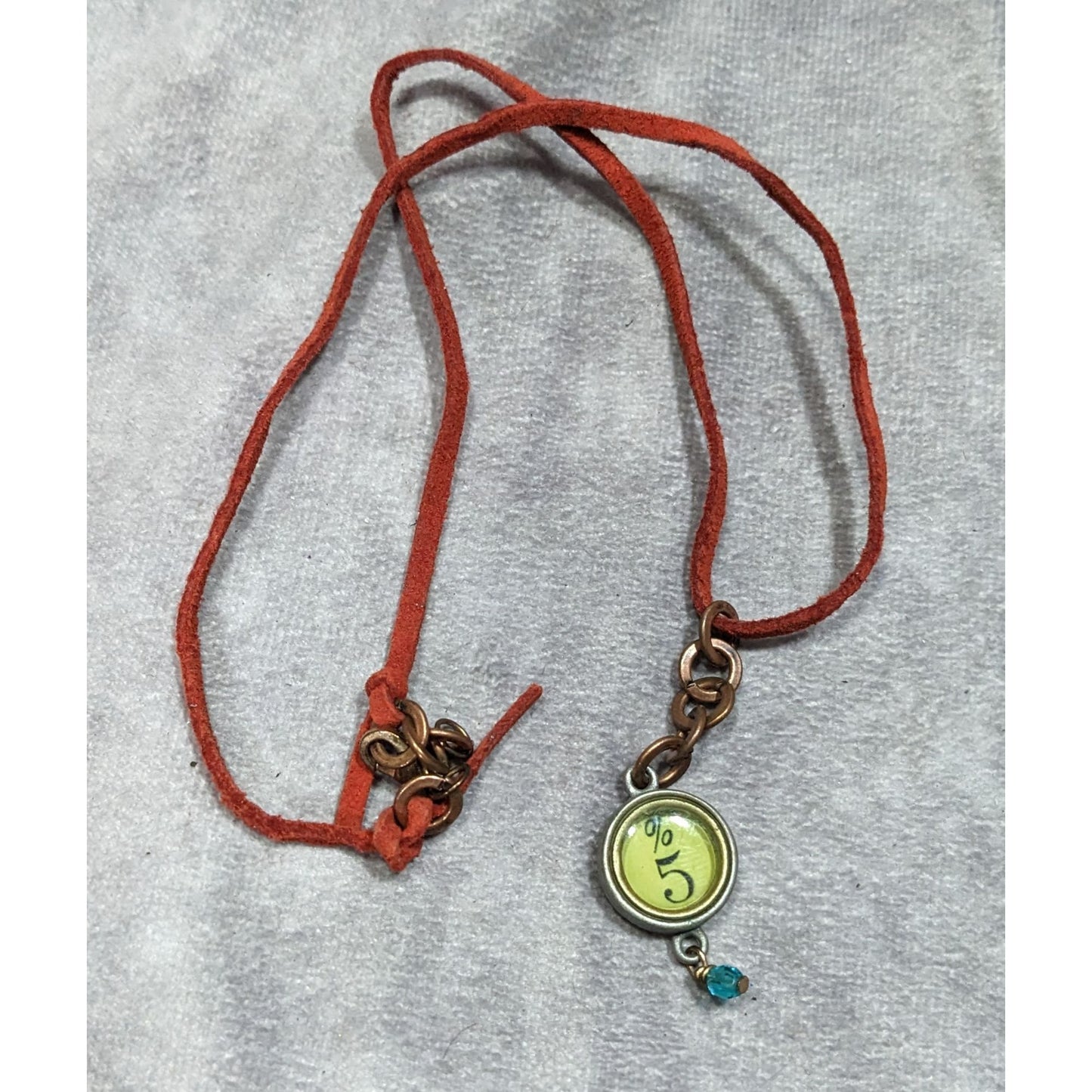Handcrafted Steampunk Red Suede Necklace With %5 Green Charm & Blue Bead Pendant