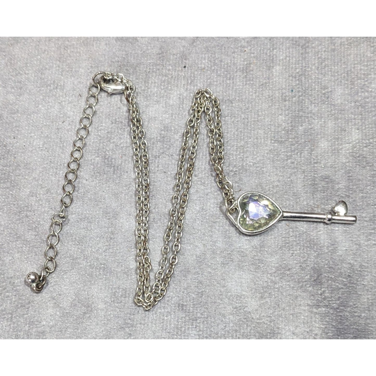 Fantasy Steampunk Heart Gemmed Key Silver Tone Pendant Necklace