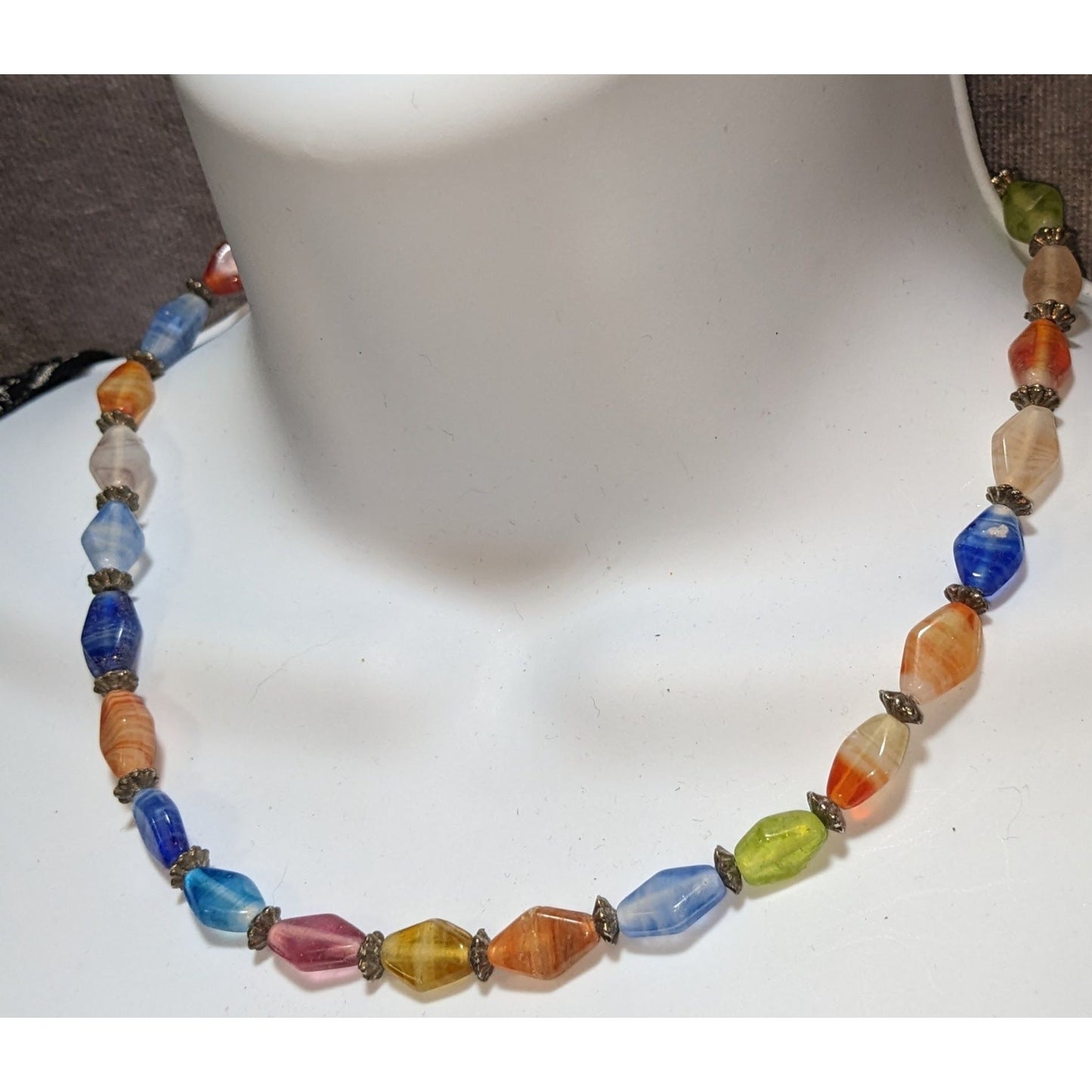 Vintage Rainbow Glass Beaded Necklace With Antique Brass Accents
