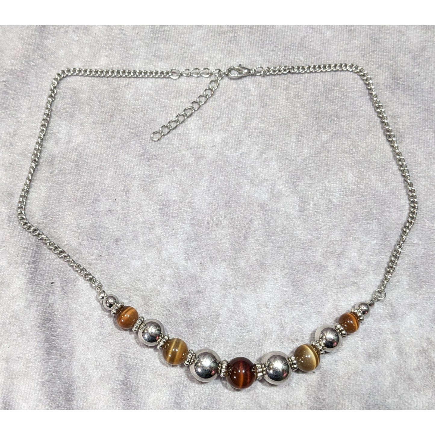 Casual Brown Cat Eye And Silver Tone Beaded Necklace