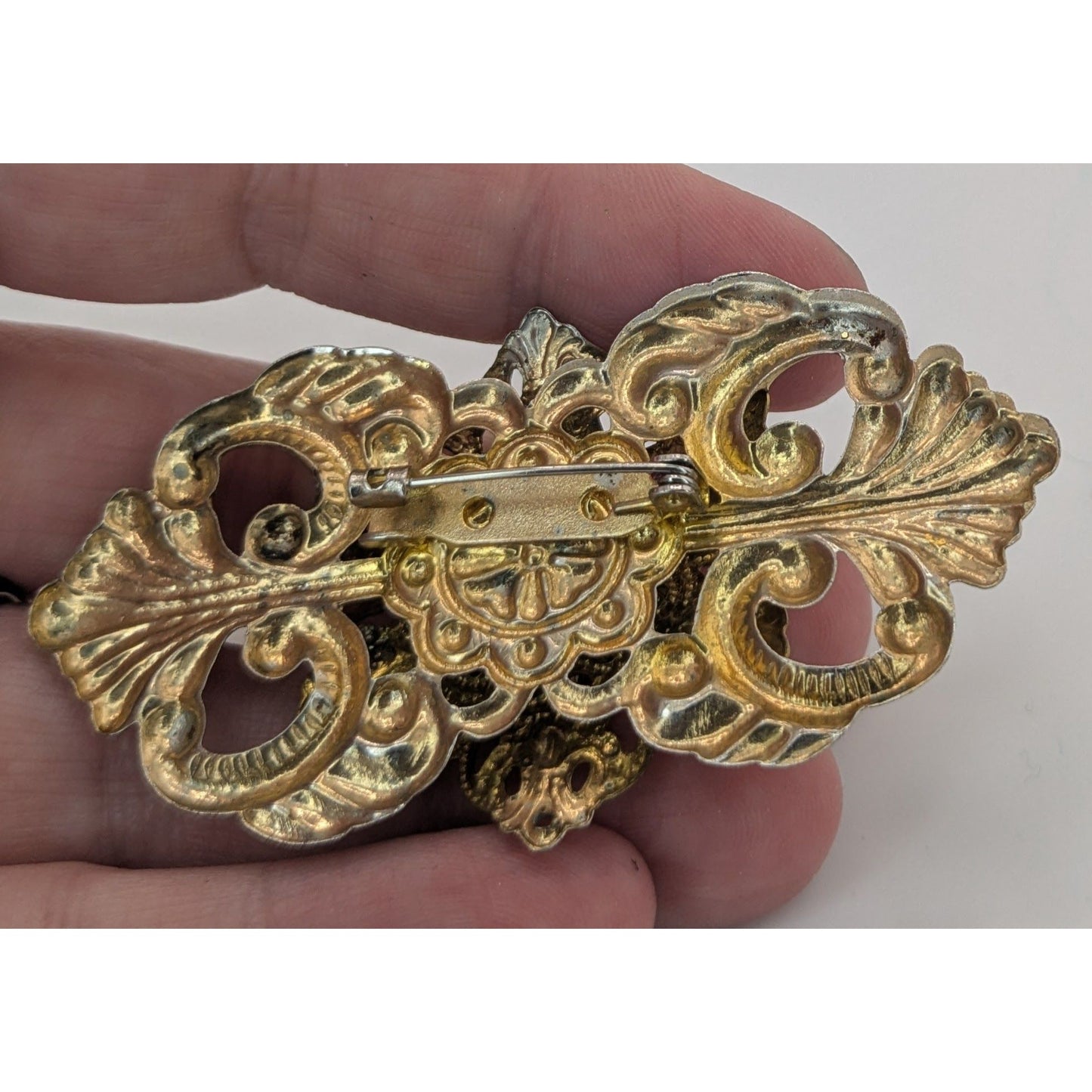 Vintage Victorian Style Gold Tone Brooch With Crystal Rhinestones & Faux Pearl 3 Inches Handmade Jewelry Piece