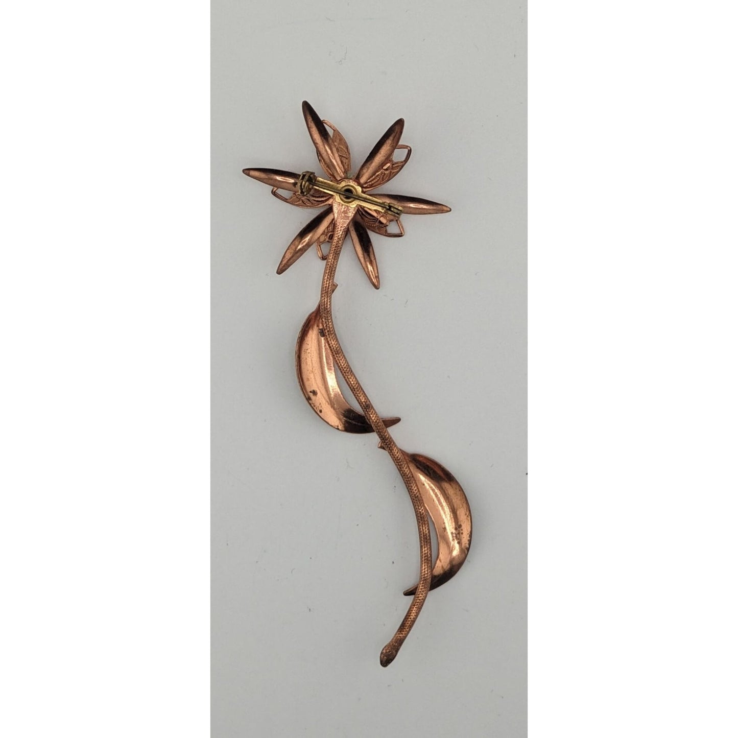 Vintage Copper Flower Brooch With Detailed Petals & Leaves