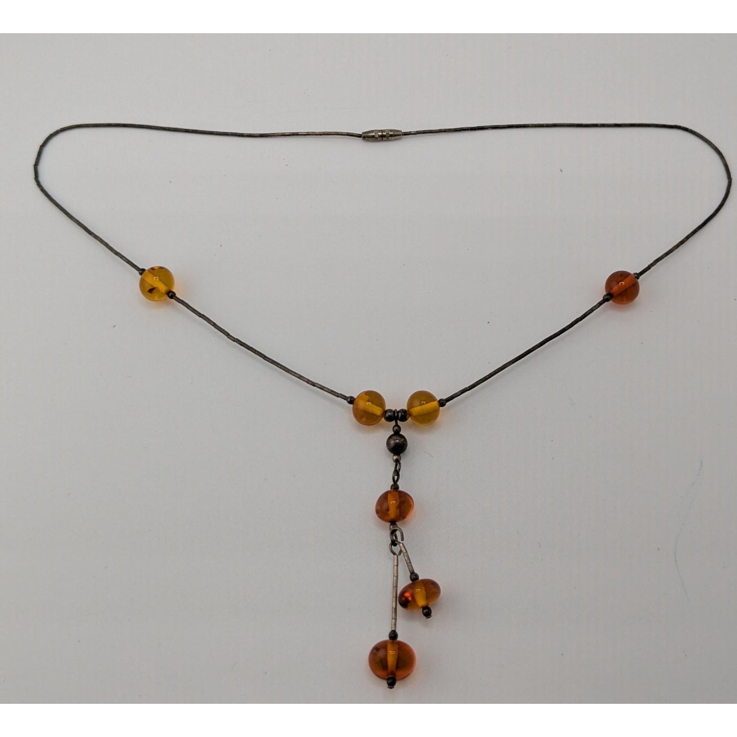 Vintage Amber Bead Necklace With Liquid Silver Chain & Drop Pendant