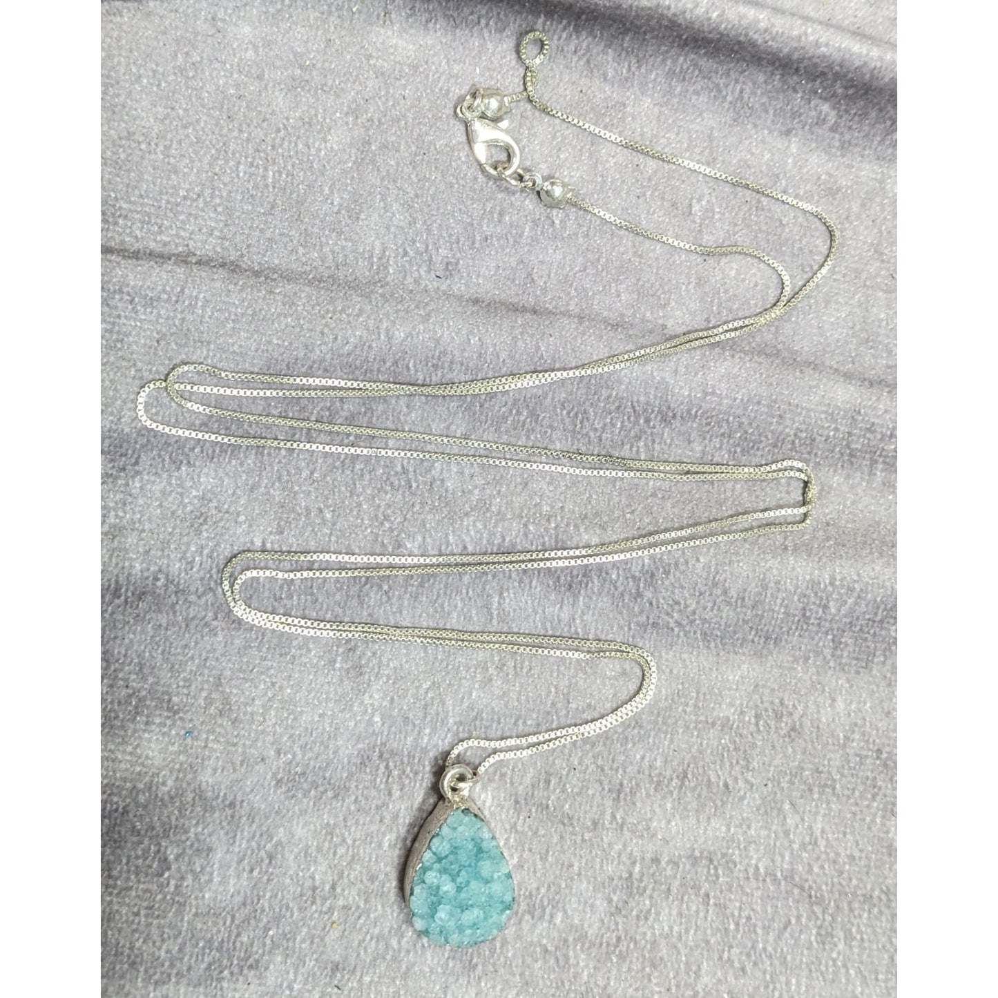 Mermaidcore Aqua Blue Druzy Teardrop Pendant On Silver Tone Chain