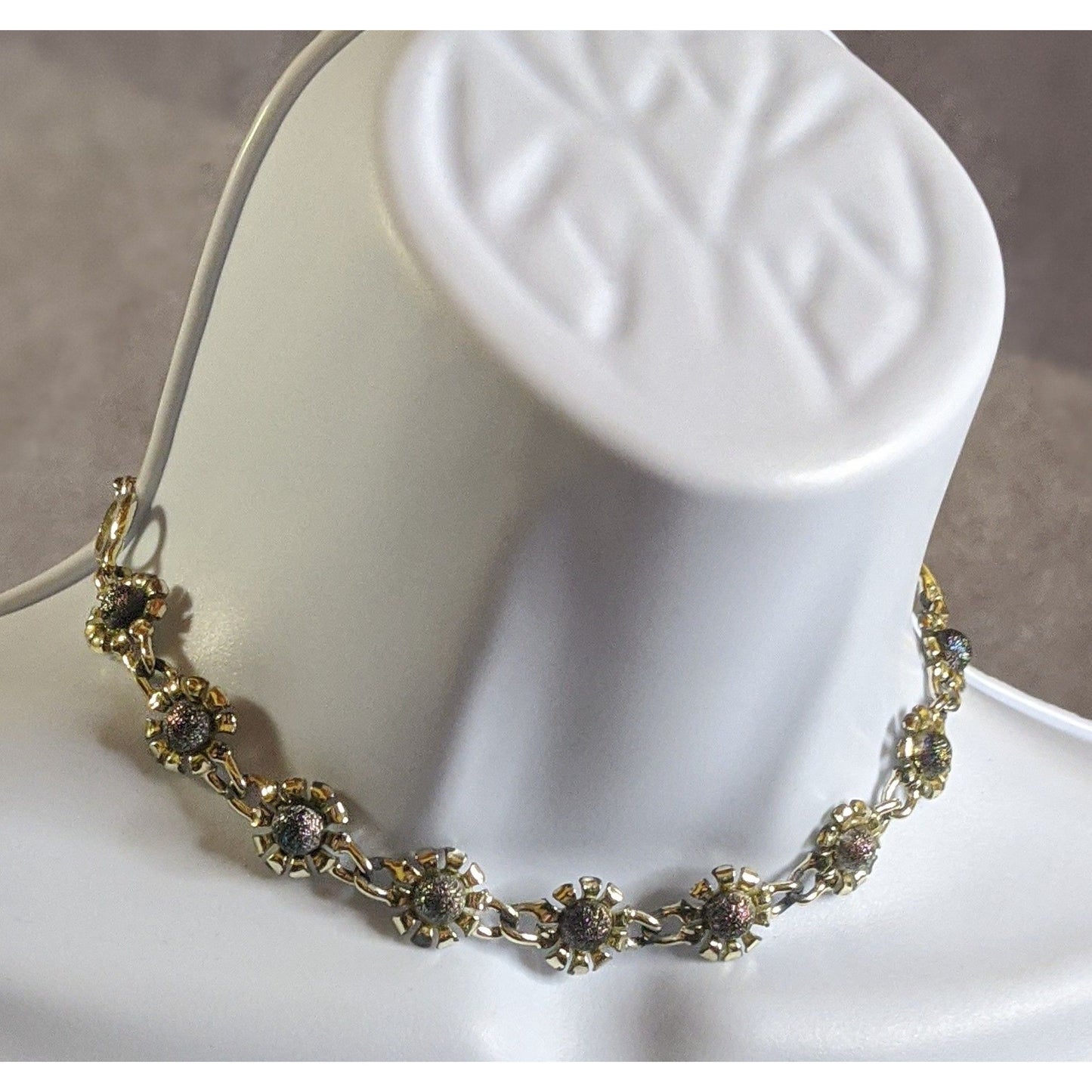 Vintage 90s Floral Oil Slick Purple And Silver Tone Necklace