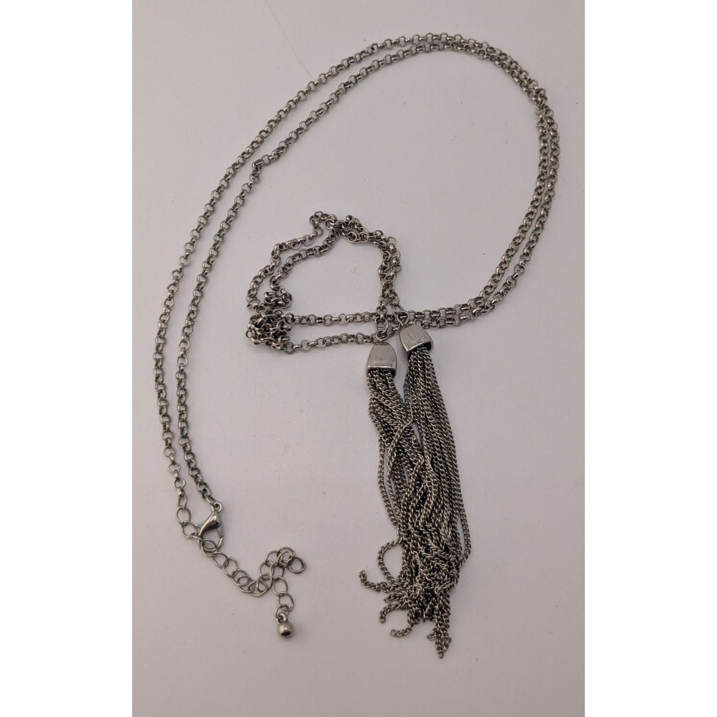Boho Silver Tone Chain Tassel Lariat Necklace Long Fringe Y Drop Statement Jewelry