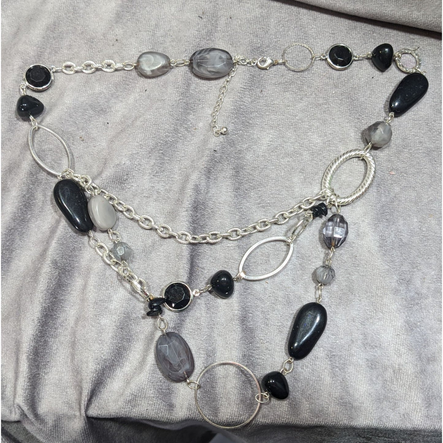 Black And Grey Beaded Layered Chain Necklace