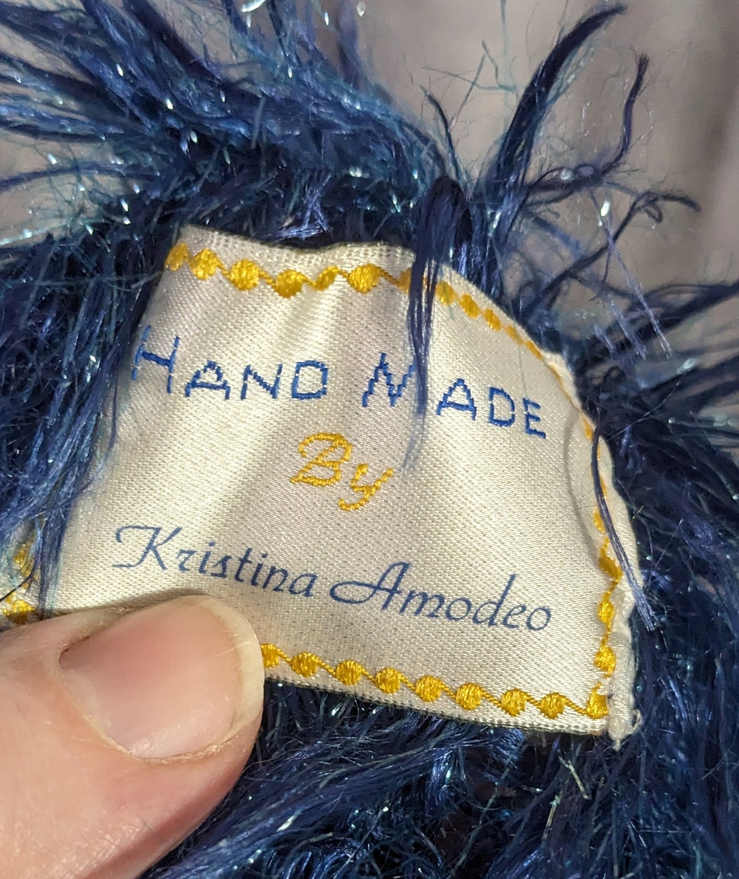 Handmade Blue And Metallic Eyelash Yarn Scarf By Kristina Amodeo
