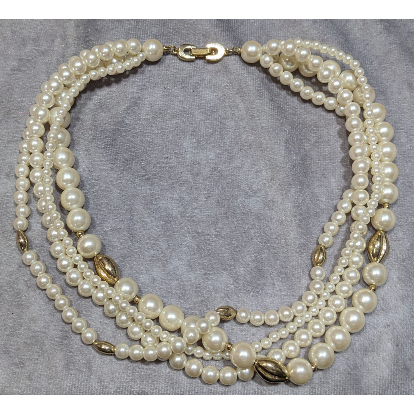 Vintage Multistrand Faux Pearl Necklace With Gold Tone Accents